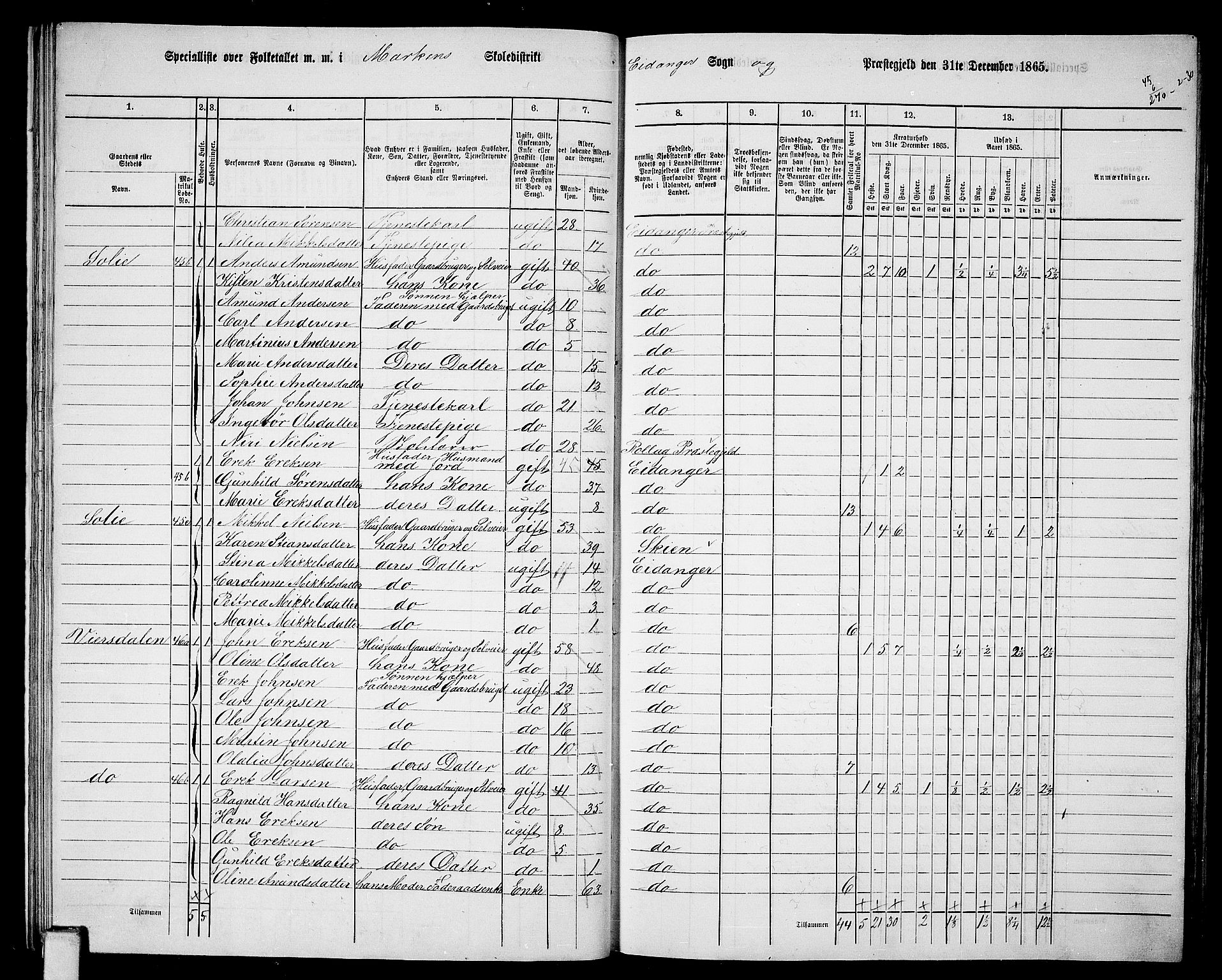 RA, 1865 census for Eidanger, 1865, p. 27