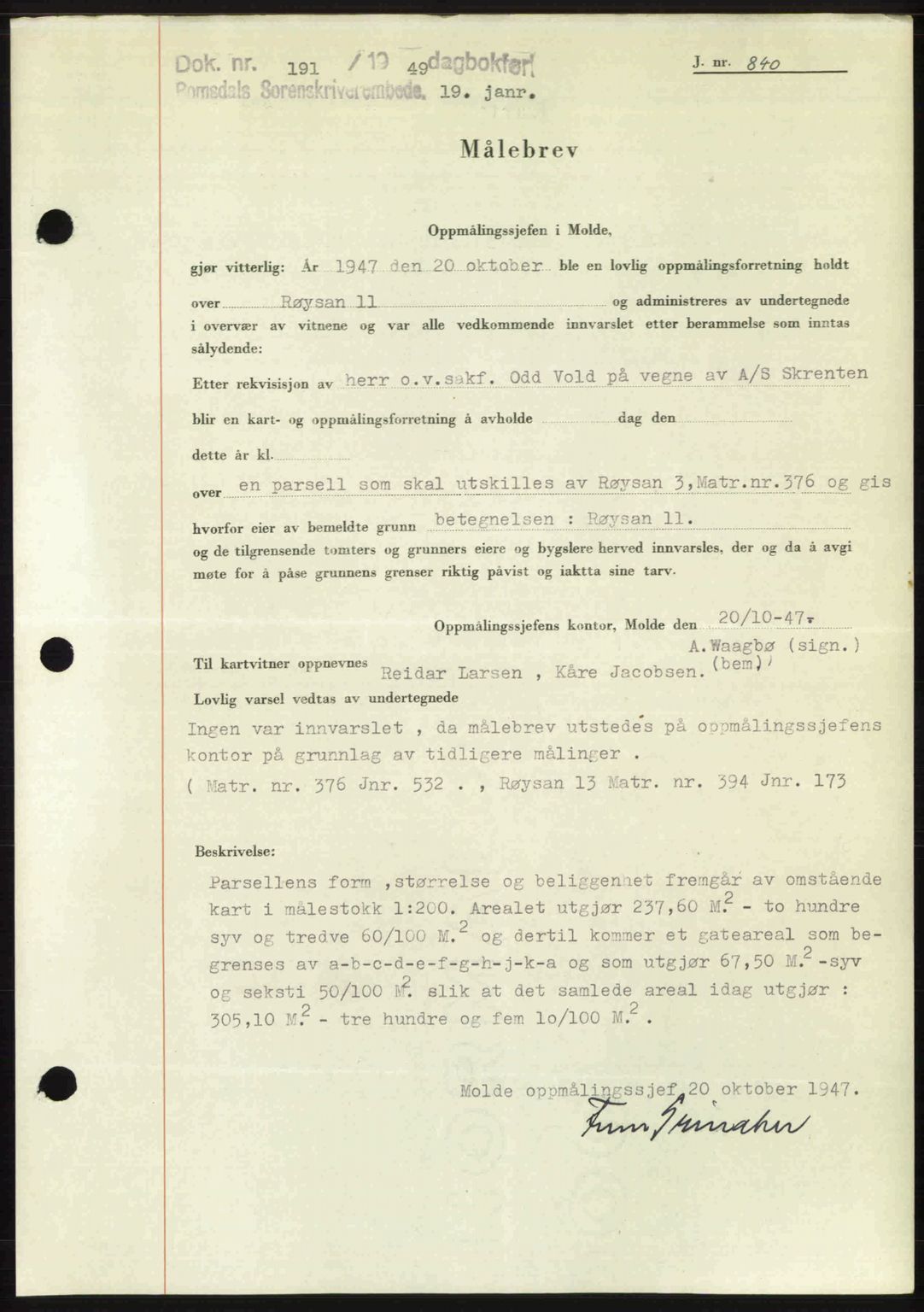 Romsdal sorenskriveri, AV/SAT-A-4149/1/2/2C: Mortgage book no. A28, 1948-1949, Diary no: : 191/1949