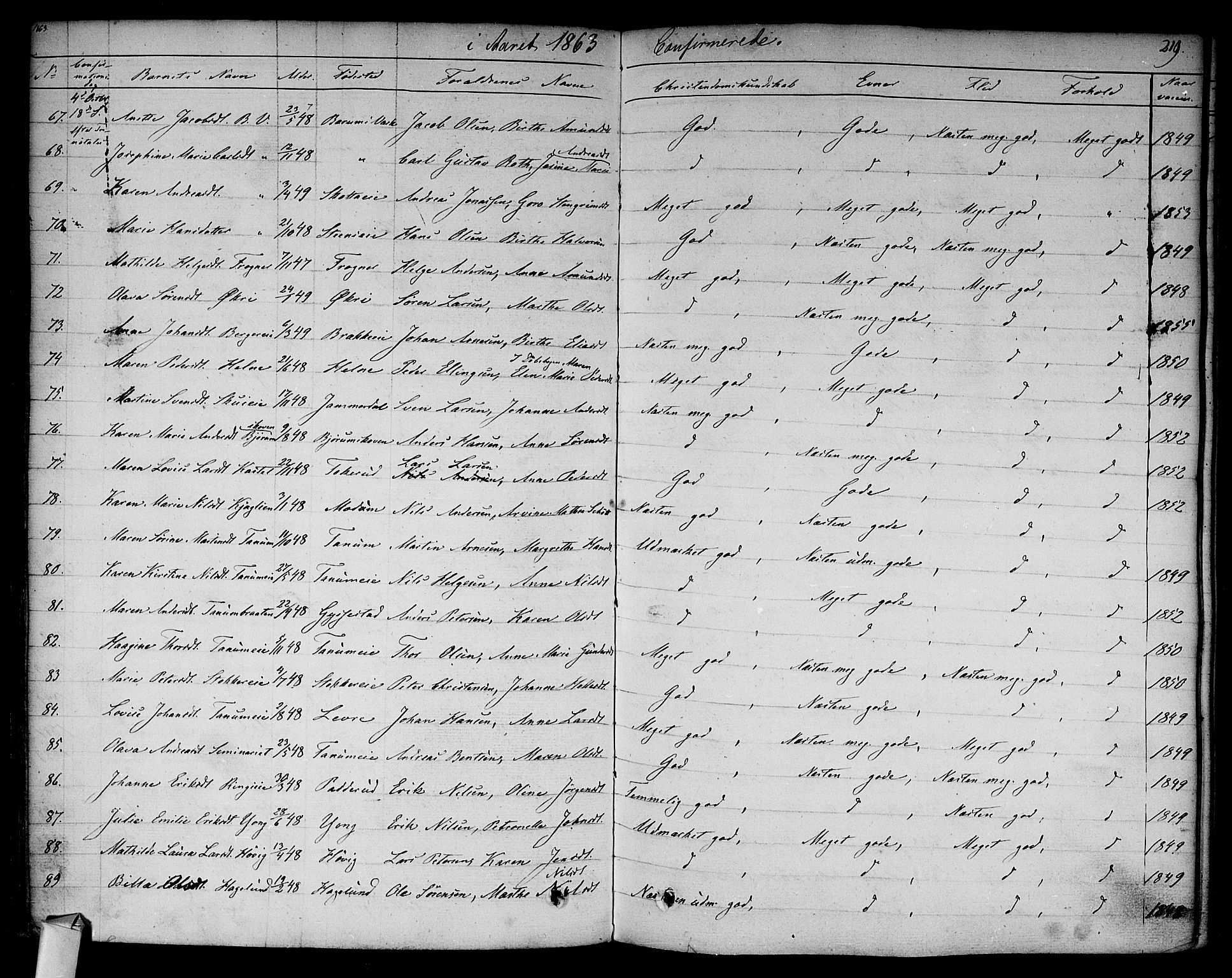 Asker prestekontor Kirkebøker, SAO/A-10256a/F/Fa/L0009: Parish register (official) no. I 9, 1825-1878, p. 219