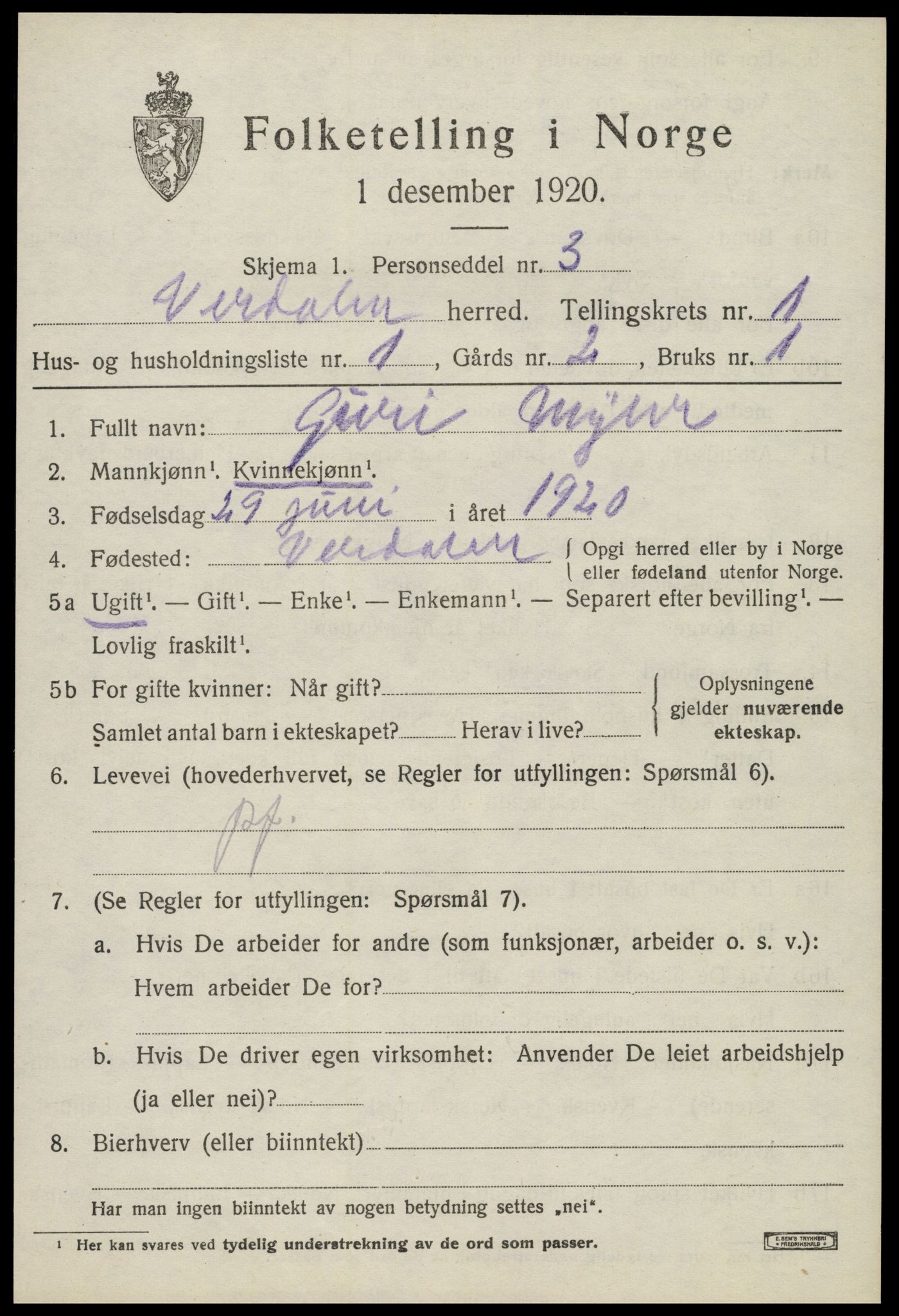 SAT, 1920 census for Verdal, 1920, p. 2347