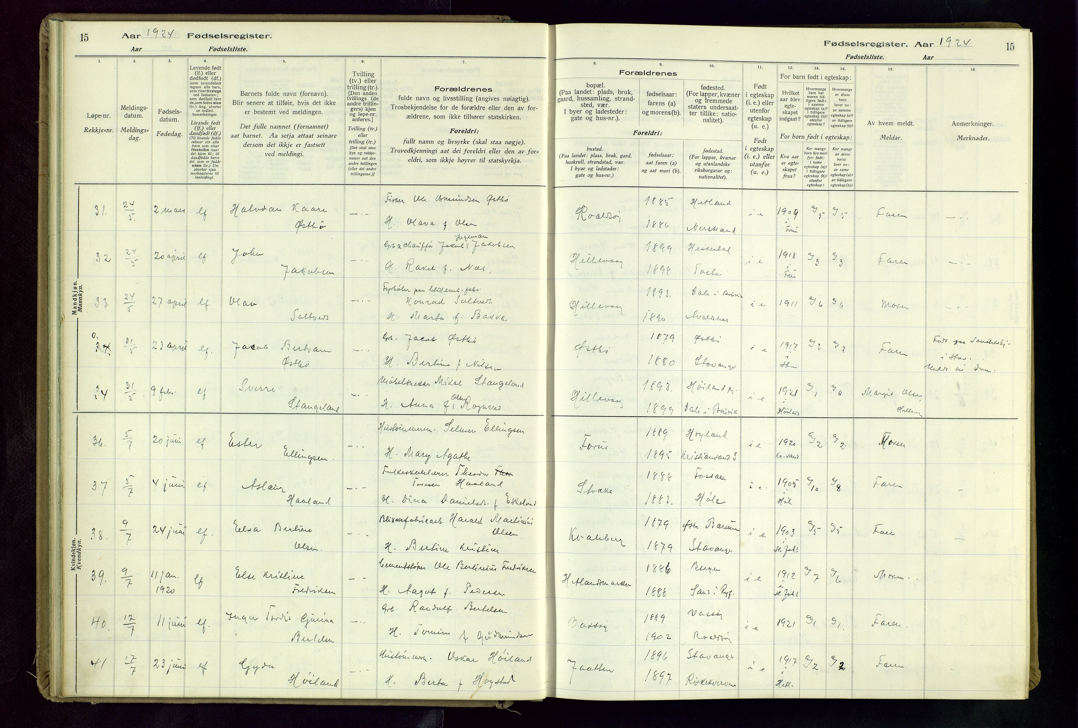 Hetland sokneprestkontor, AV/SAST-A-101826/70/704BA/L0004: Birth register no. 4, 1923-1937, p. 15