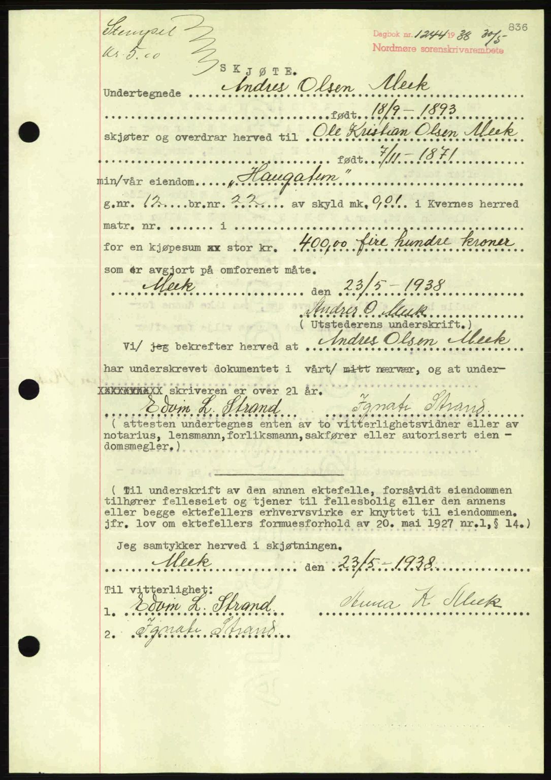 Nordmøre sorenskriveri, AV/SAT-A-4132/1/2/2Ca: Mortgage book no. A83, 1938-1938, Diary no: : 1244/1938