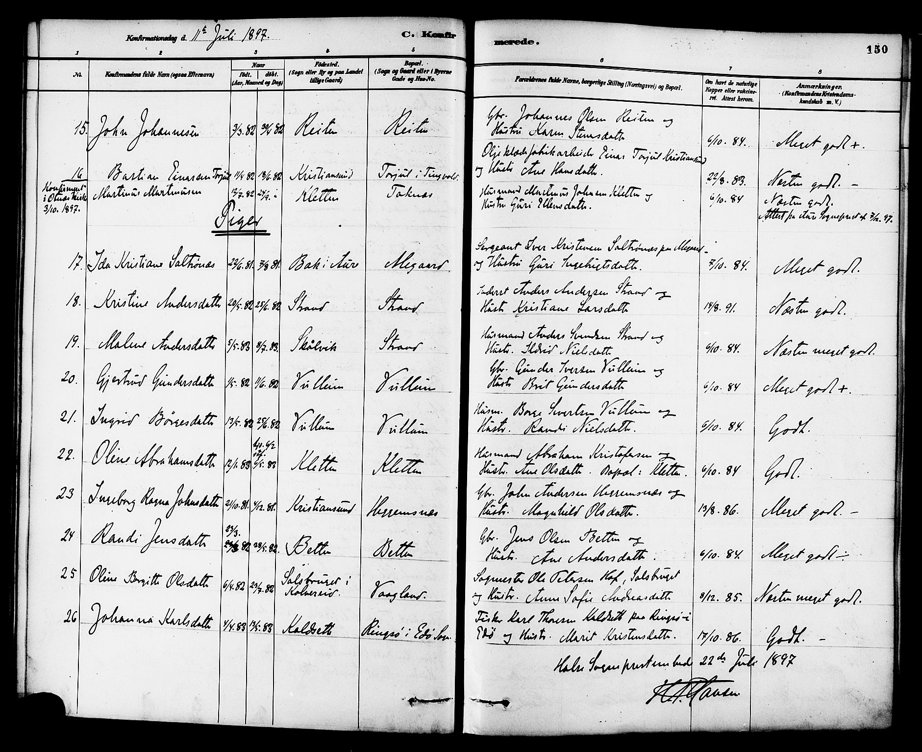 Ministerialprotokoller, klokkerbøker og fødselsregistre - Møre og Romsdal, AV/SAT-A-1454/576/L0885: Parish register (official) no. 576A03, 1880-1898, p. 150