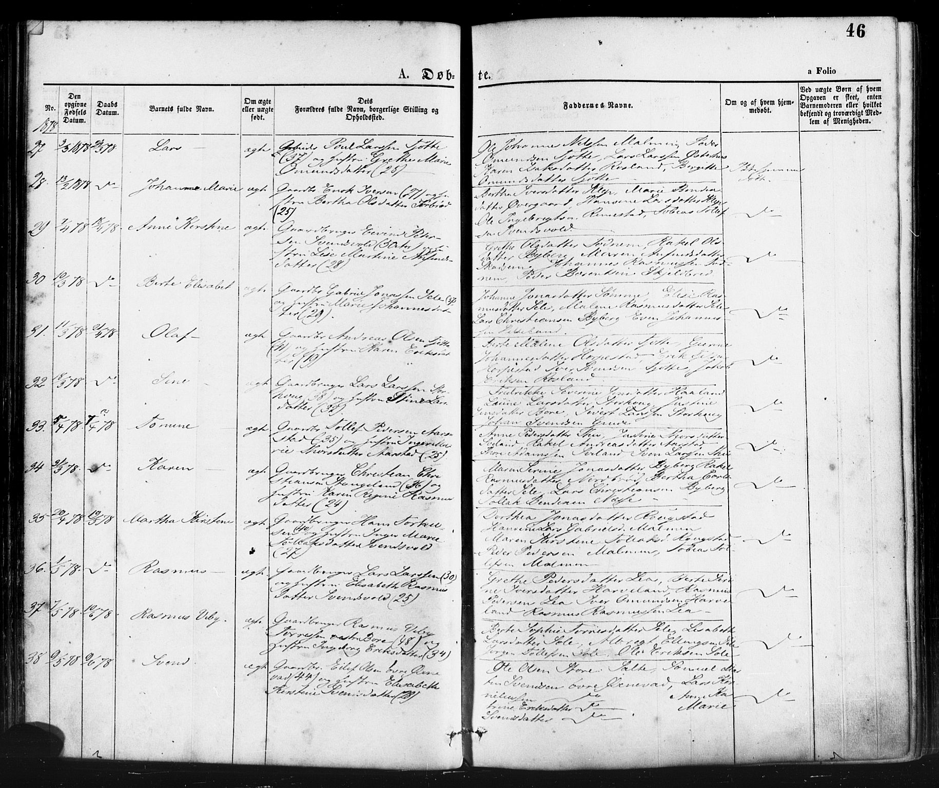 Klepp sokneprestkontor, AV/SAST-A-101803/001/3/30BA/L0006: Parish register (official) no. A 6, 1871-1885, p. 46