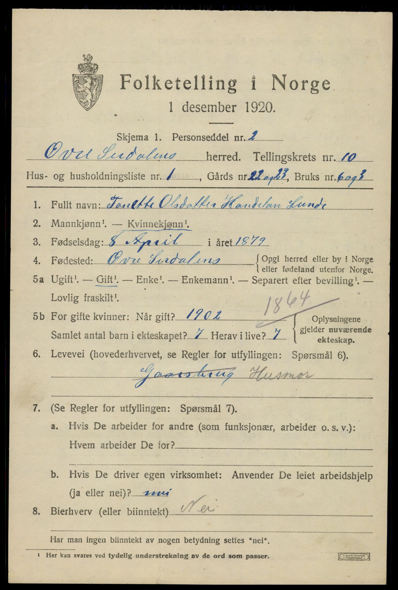 SAK, 1920 census for Øvre Sirdal, 1920, p. 1661