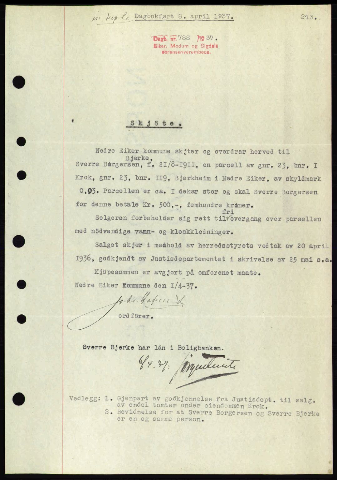 Eiker, Modum og Sigdal sorenskriveri, SAKO/A-123/G/Ga/Gab/L0035: Mortgage book no. A5, 1937-1937, Diary no: : 788/1937