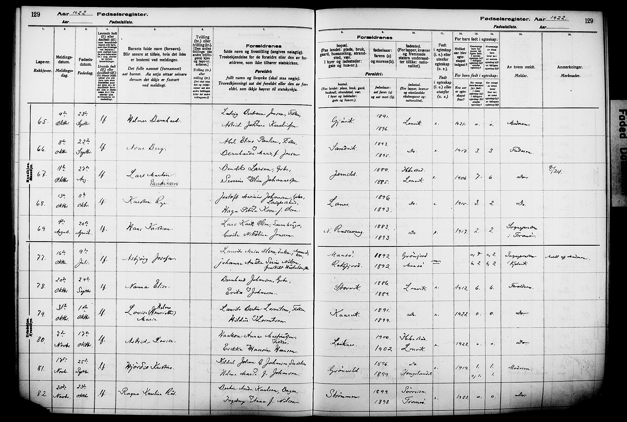 Lenvik sokneprestembete, AV/SATØ-S-1310/I/Ic/L0089: Birth register no. 89, 1916-1926, p. 129