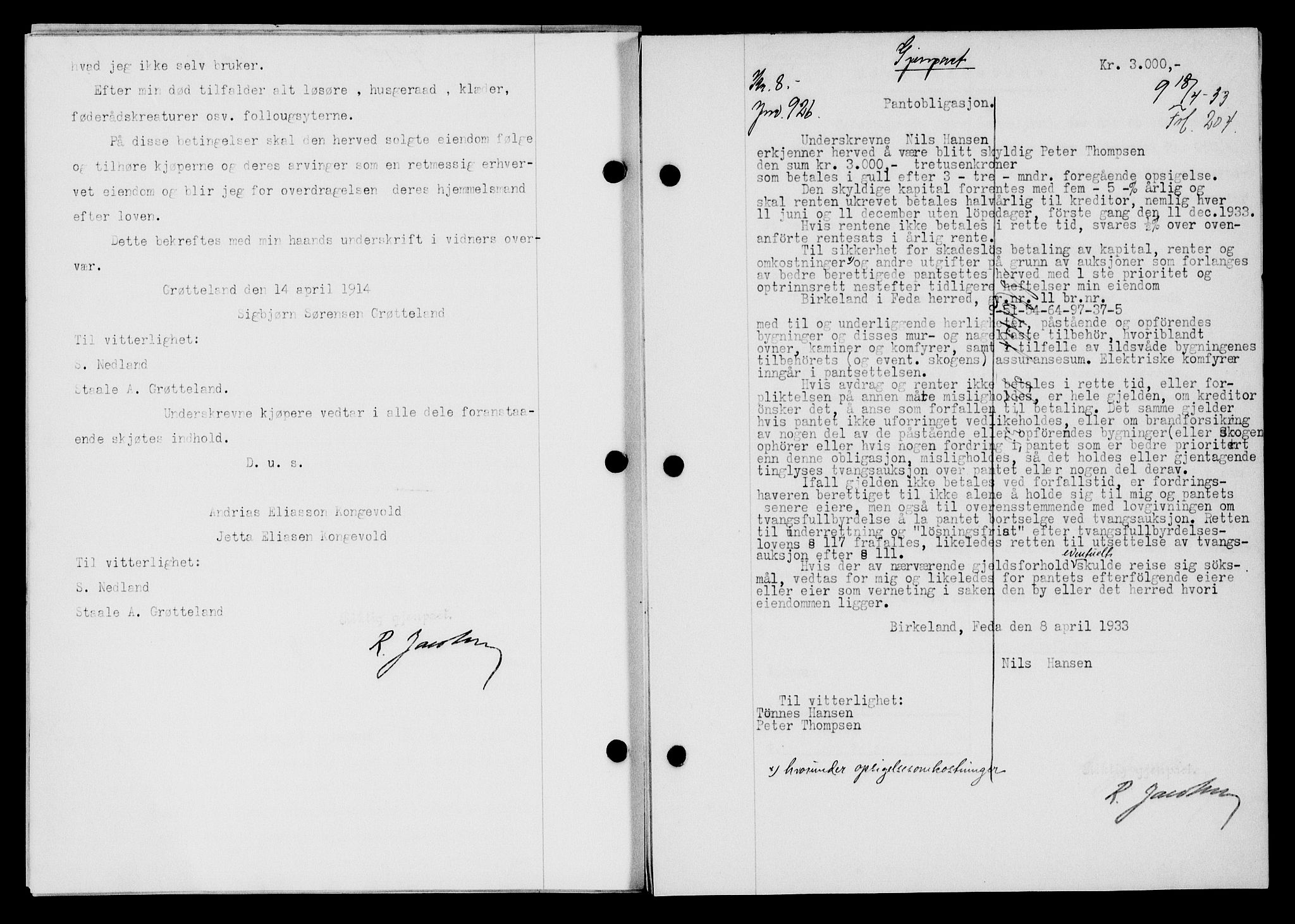 Flekkefjord sorenskriveri, SAK/1221-0001/G/Gb/Gba/L0049: Mortgage book no. 46, 1933-1934, Deed date: 18.04.1933