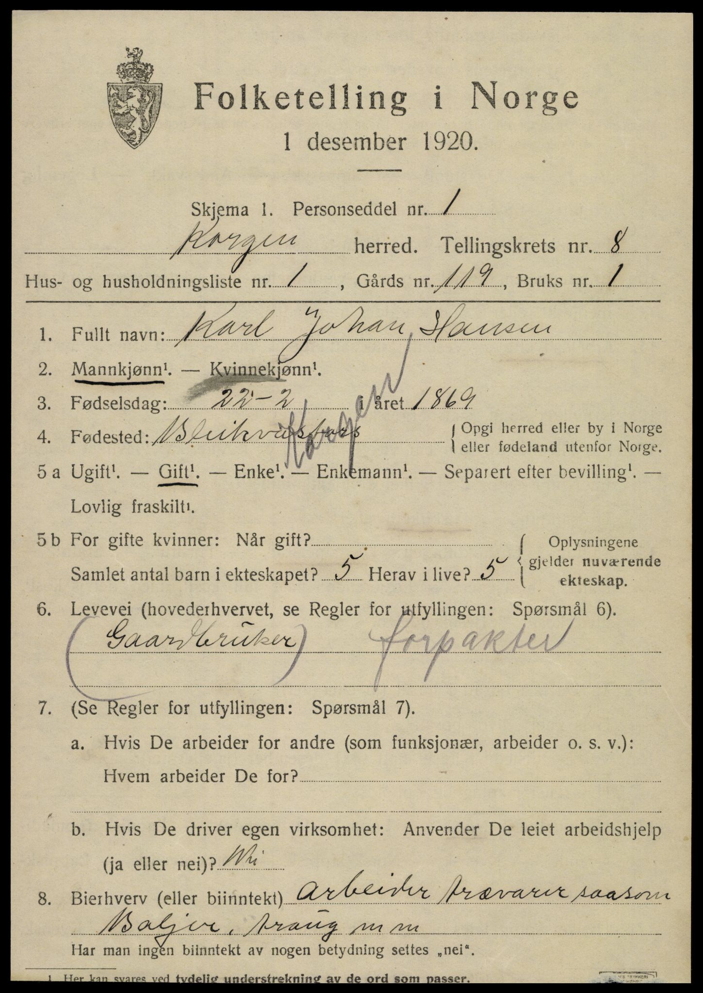 SAT, 1920 census for Korgen, 1920, p. 3042