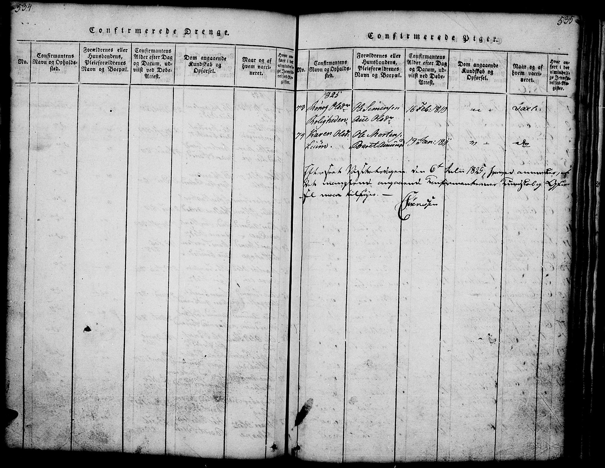 Gausdal prestekontor, SAH/PREST-090/H/Ha/Hab/L0001: Parish register (copy) no. 1, 1817-1848, p. 534-535