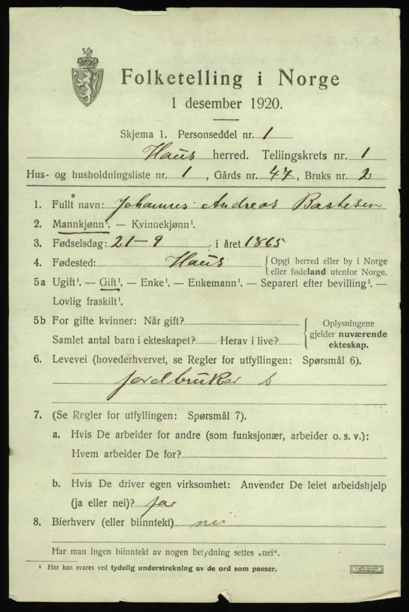 SAB, 1920 census for Haus, 1920, p. 1697