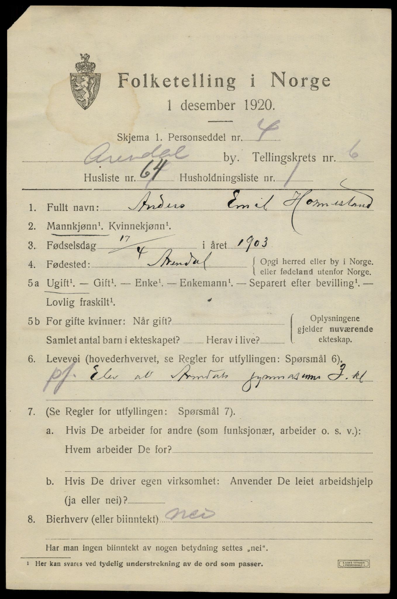 SAK, 1920 census for Arendal, 1920, p. 14454