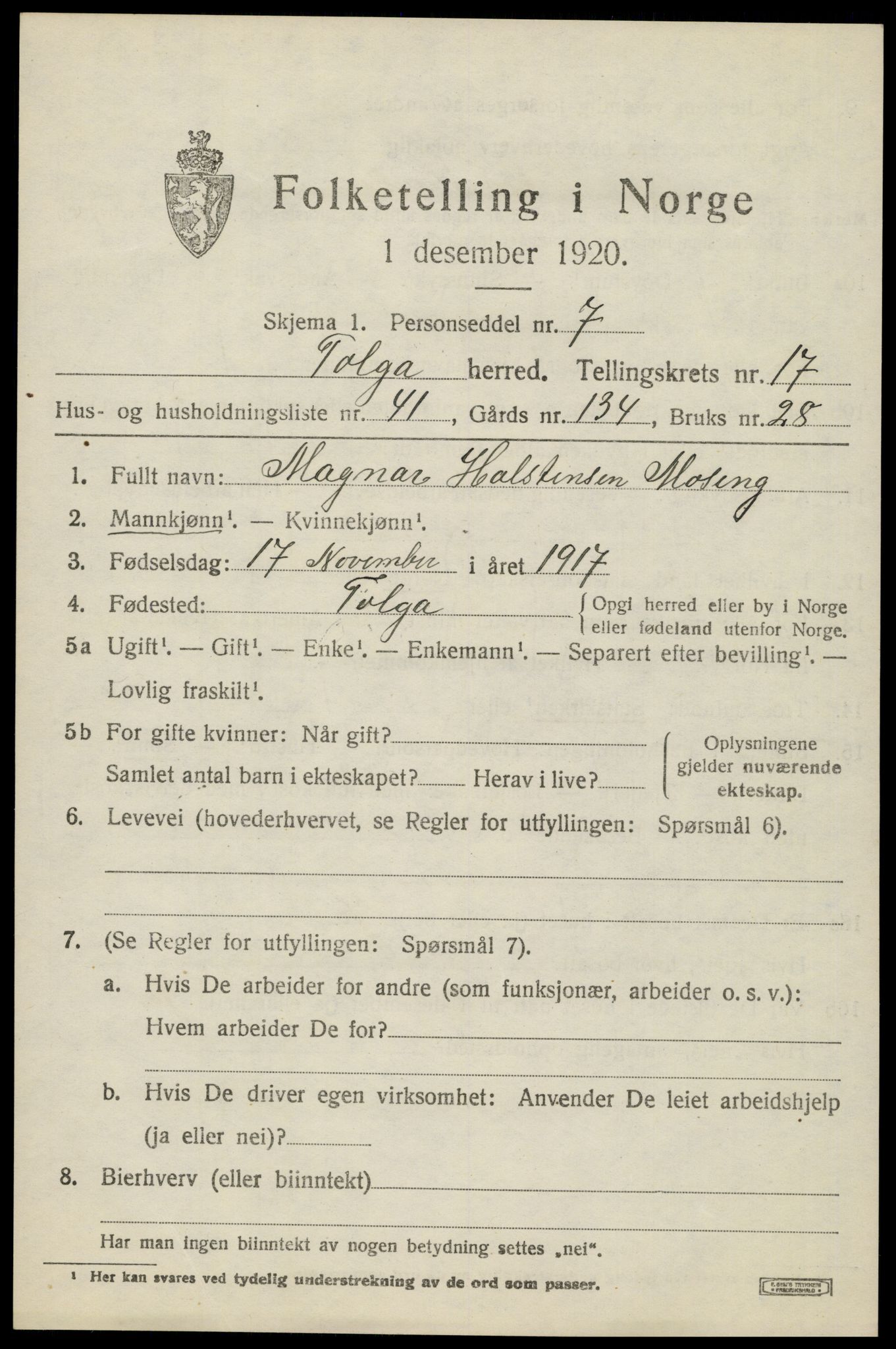 SAH, 1920 census for Tolga, 1920, p. 8259