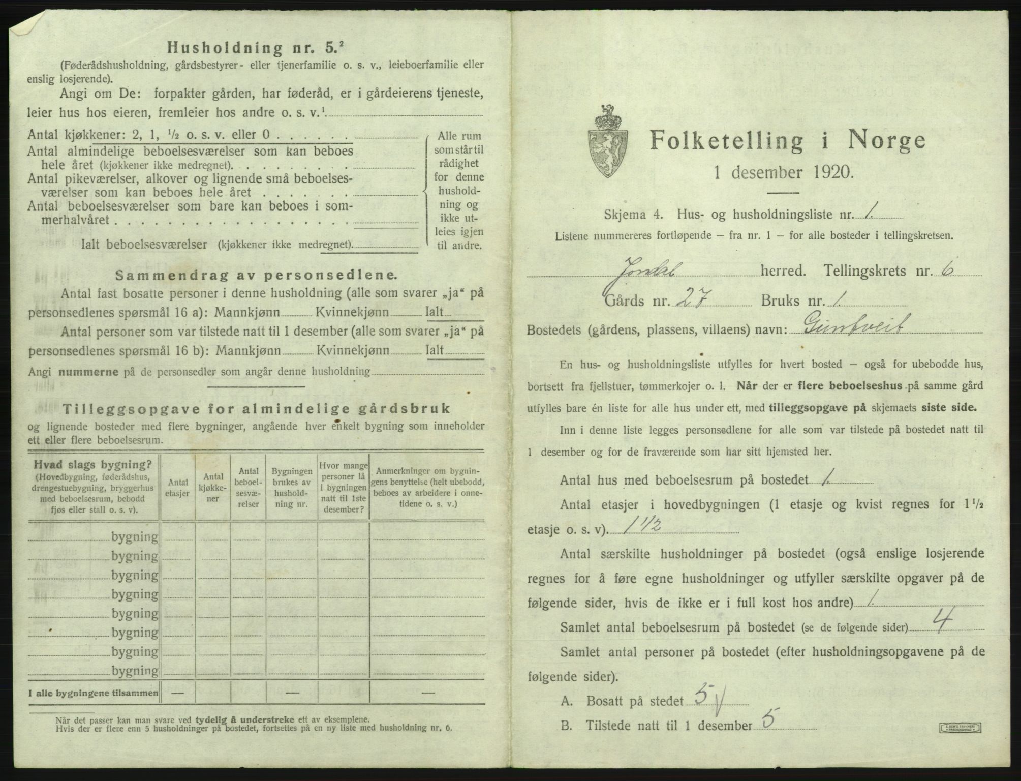 SAB, 1920 census for Jondal, 1920, p. 414