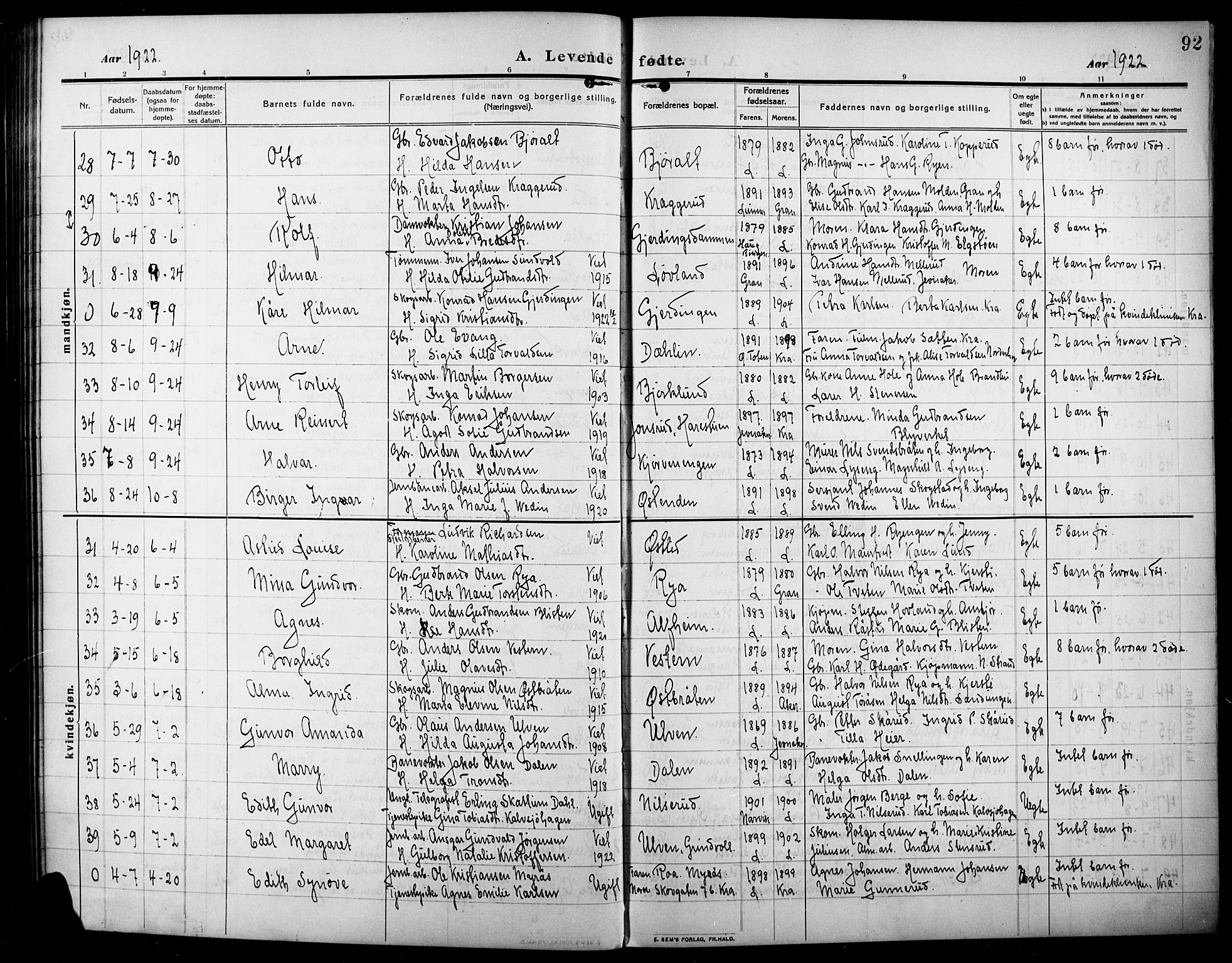 Lunner prestekontor, AV/SAH-PREST-118/H/Ha/Hab/L0001: Parish register (copy) no. 1, 1909-1922, p. 92