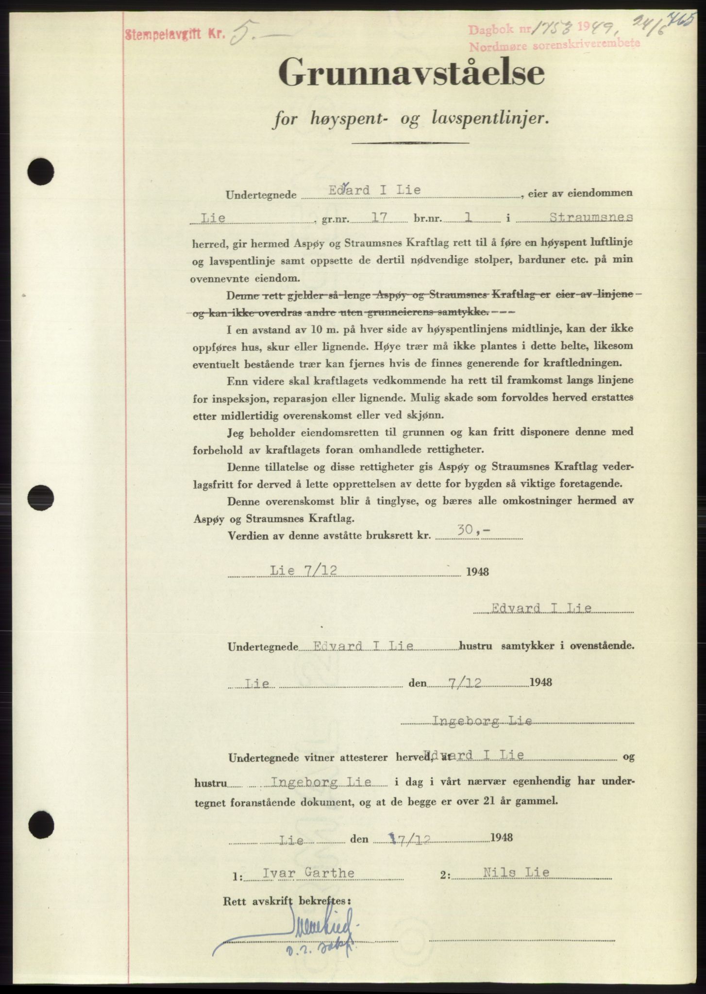 Nordmøre sorenskriveri, AV/SAT-A-4132/1/2/2Ca: Mortgage book no. B101, 1949-1949, Diary no: : 1753/1949