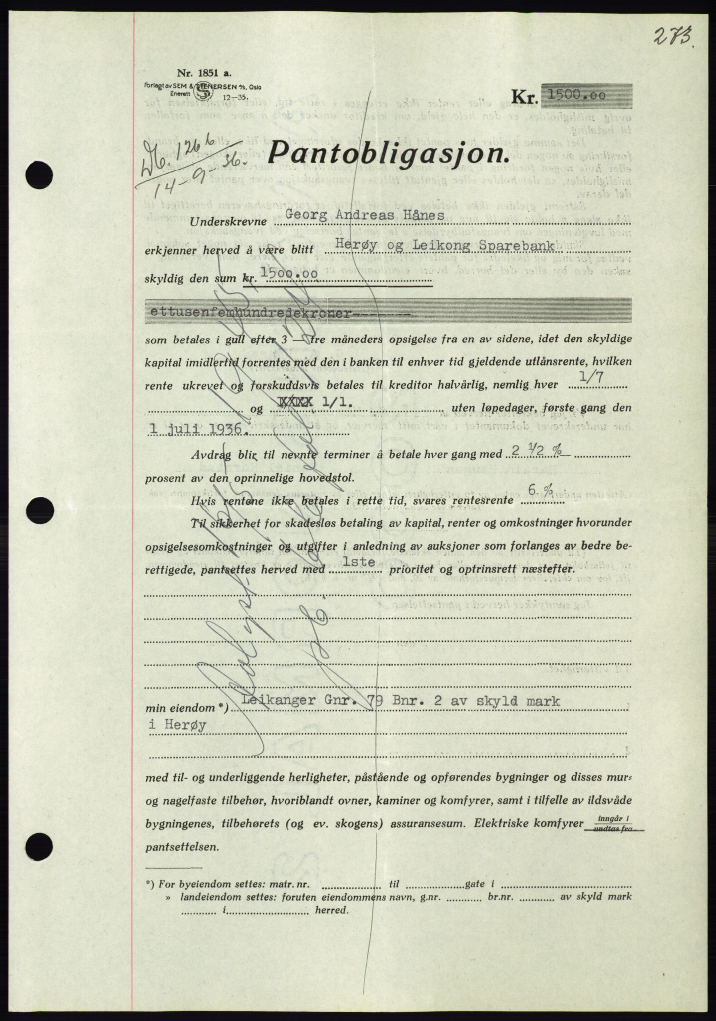 Søre Sunnmøre sorenskriveri, AV/SAT-A-4122/1/2/2C/L0061: Mortgage book no. 55, 1936-1936, Diary no: : 1266/1936