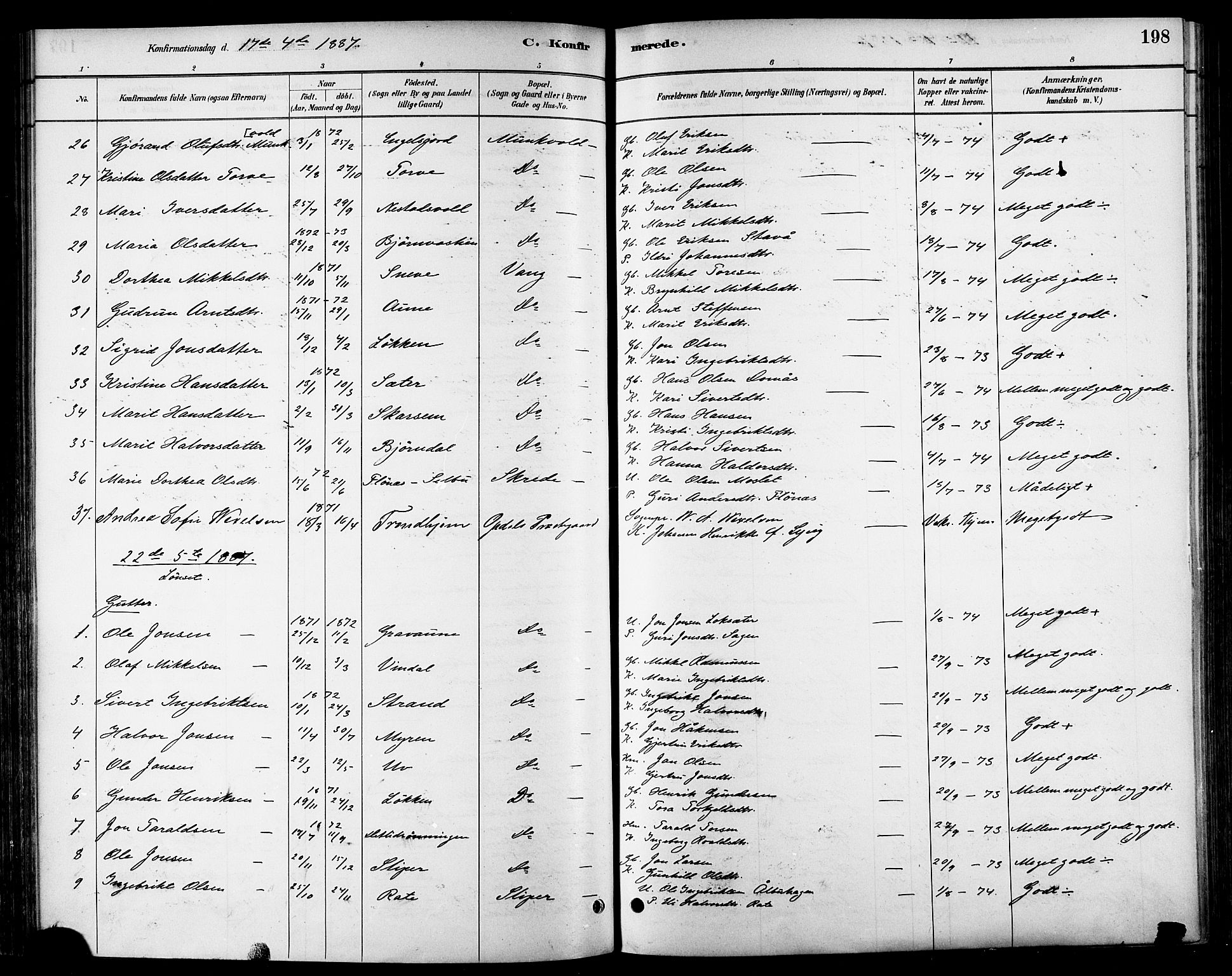 Ministerialprotokoller, klokkerbøker og fødselsregistre - Sør-Trøndelag, AV/SAT-A-1456/678/L0901: Parish register (official) no. 678A10, 1881-1894, p. 198