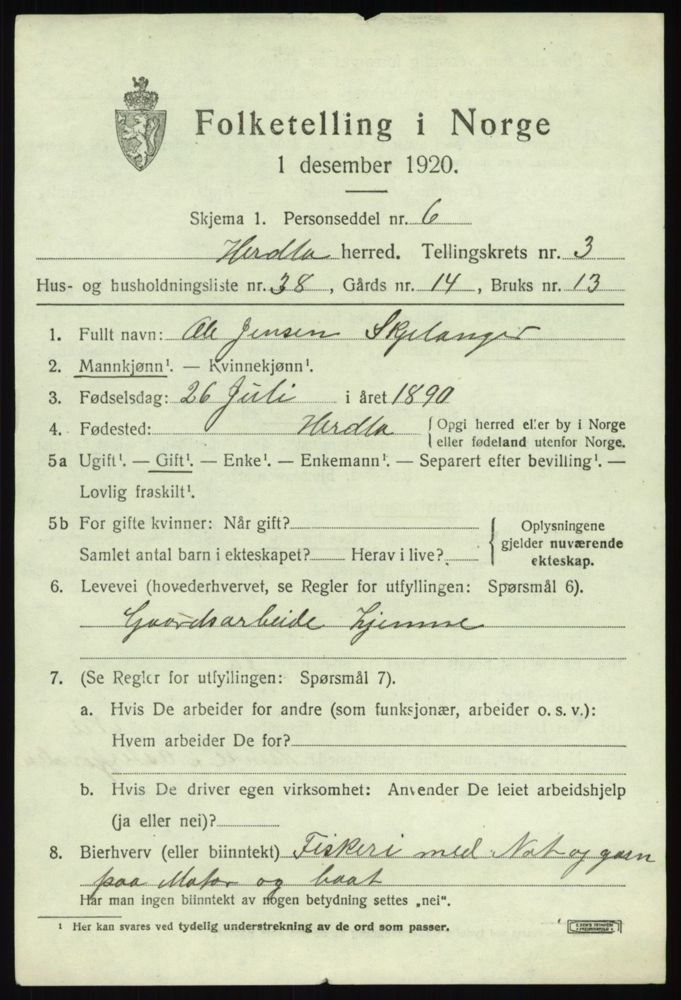 SAB, 1920 census for Herdla, 1920, p. 3299