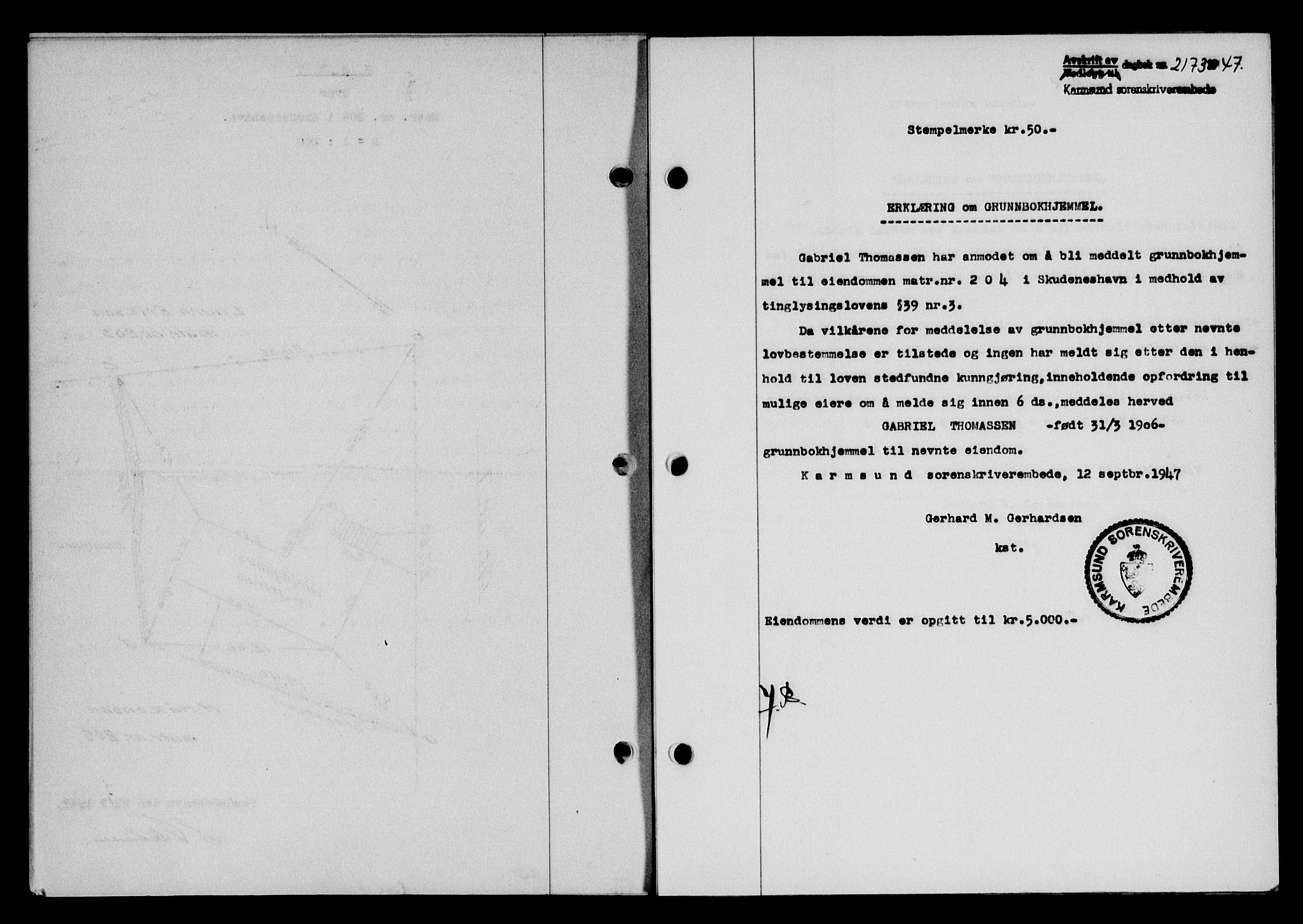 Karmsund sorenskriveri, SAST/A-100311/01/II/IIB/L0090: Mortgage book no. 70A, 1947-1947, Diary no: : 2173/1947