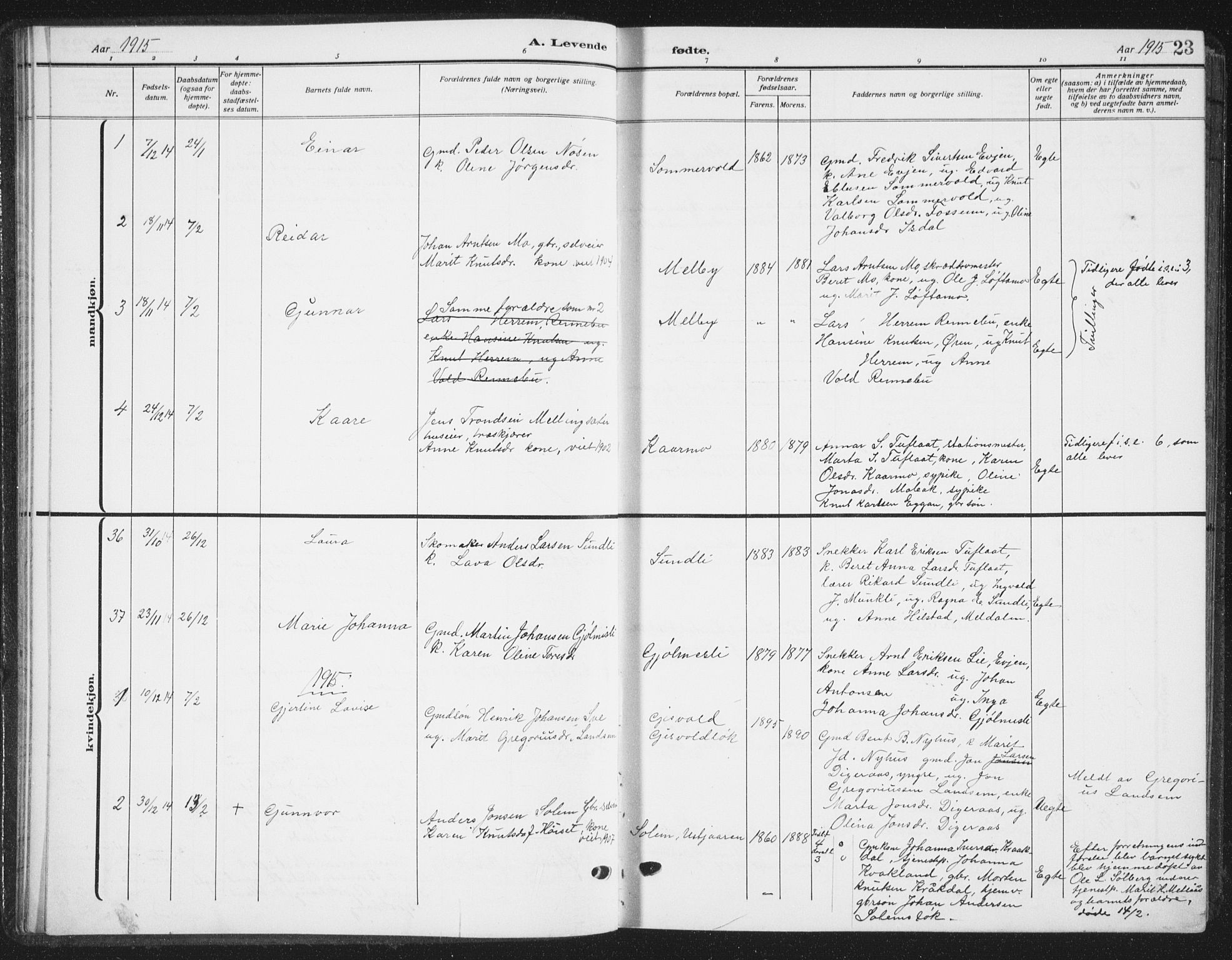 Ministerialprotokoller, klokkerbøker og fødselsregistre - Sør-Trøndelag, SAT/A-1456/668/L0820: Parish register (copy) no. 668C09, 1912-1936, p. 23