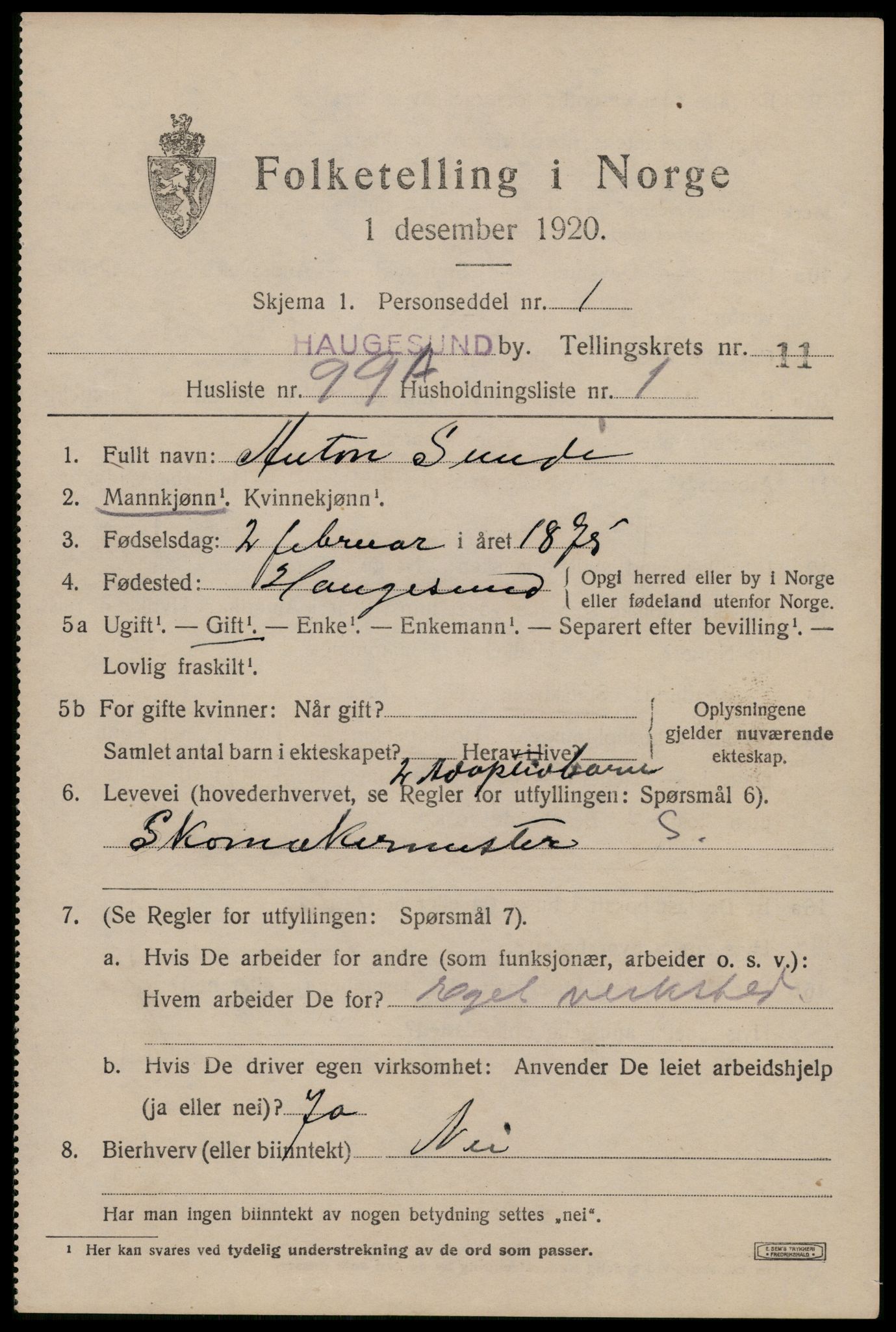 SAST, 1920 census for Haugesund, 1920, p. 37947