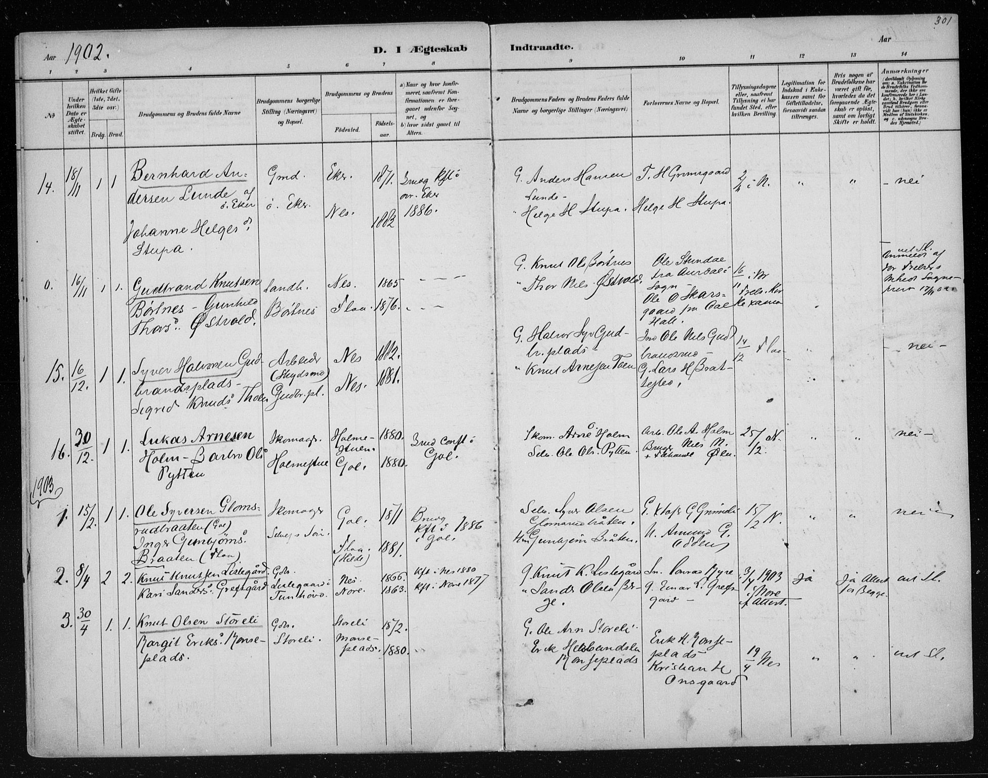 Nes kirkebøker, SAKO/A-236/F/Fa/L0011: Parish register (official) no. 11, 1881-1912, p. 301