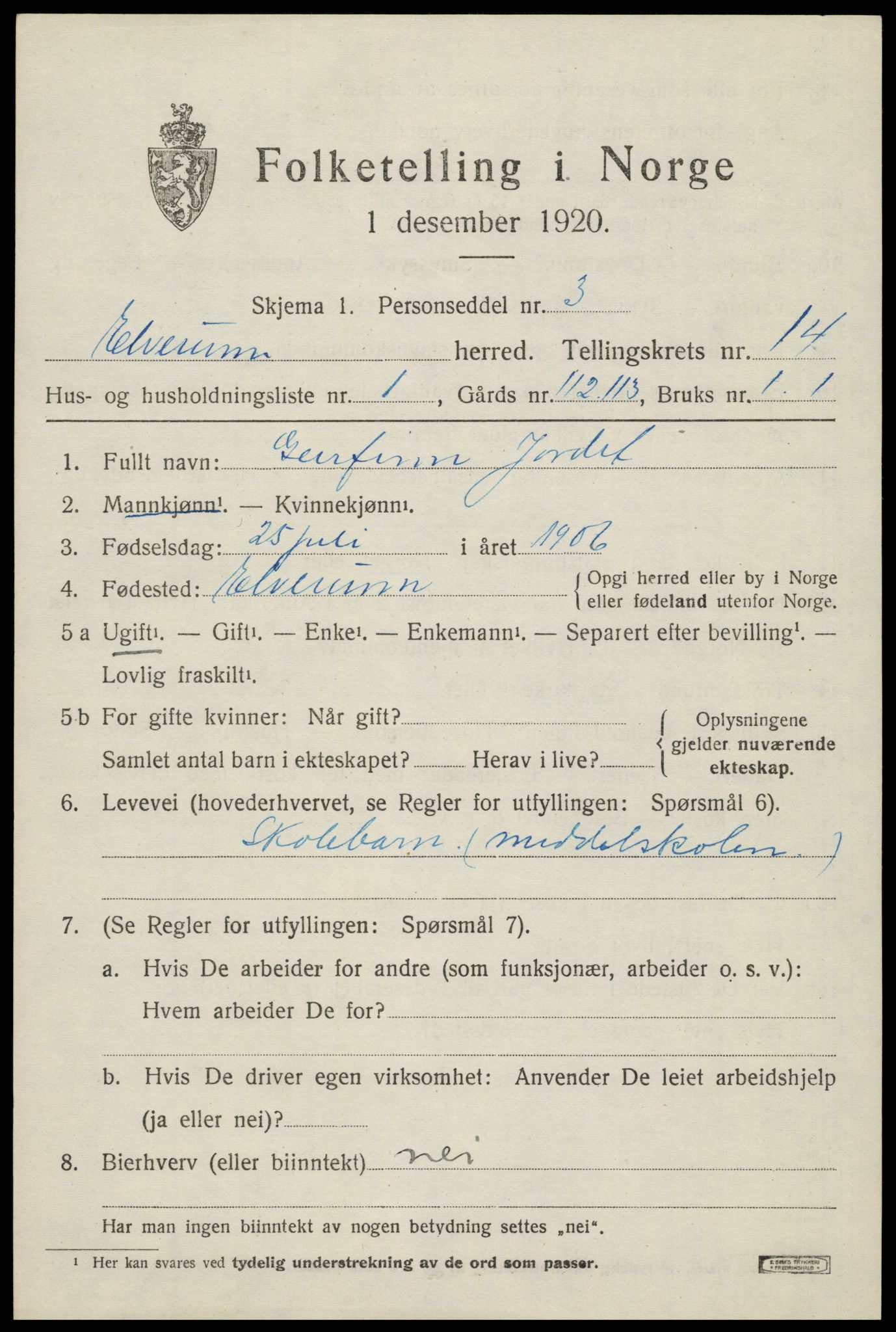 SAH, 1920 census for Elverum, 1920, p. 18008