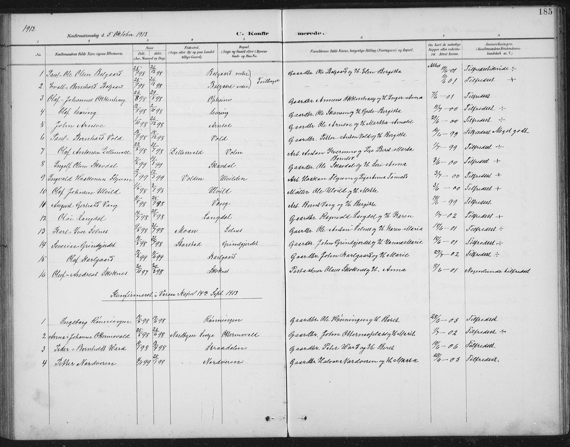 Ministerialprotokoller, klokkerbøker og fødselsregistre - Nord-Trøndelag, SAT/A-1458/724/L0269: Parish register (copy) no. 724C05, 1899-1920, p. 185