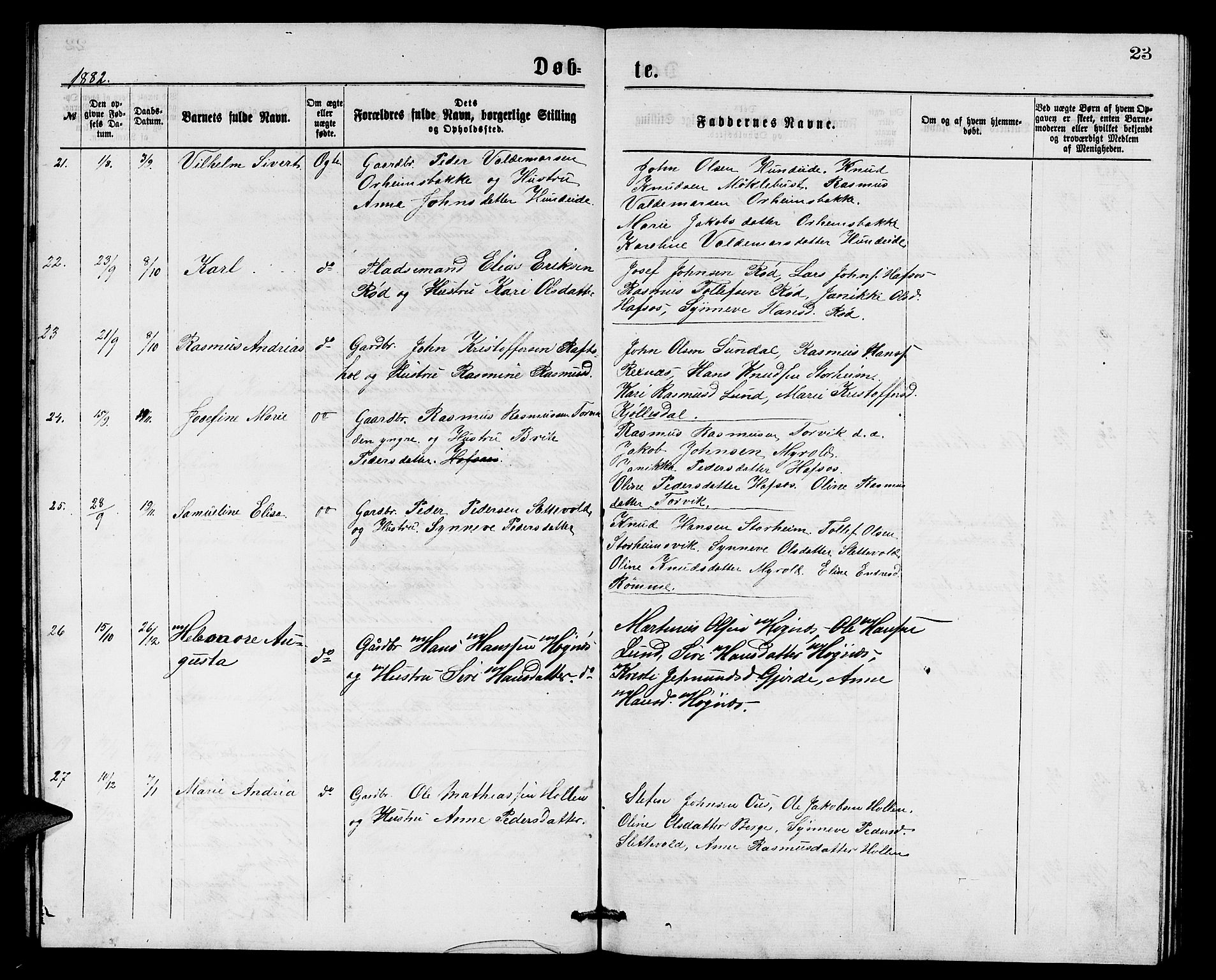 Eid sokneprestembete, AV/SAB-A-82301/H/Hab/Habc/L0001: Parish register (copy) no. C 1, 1877-1886, p. 23