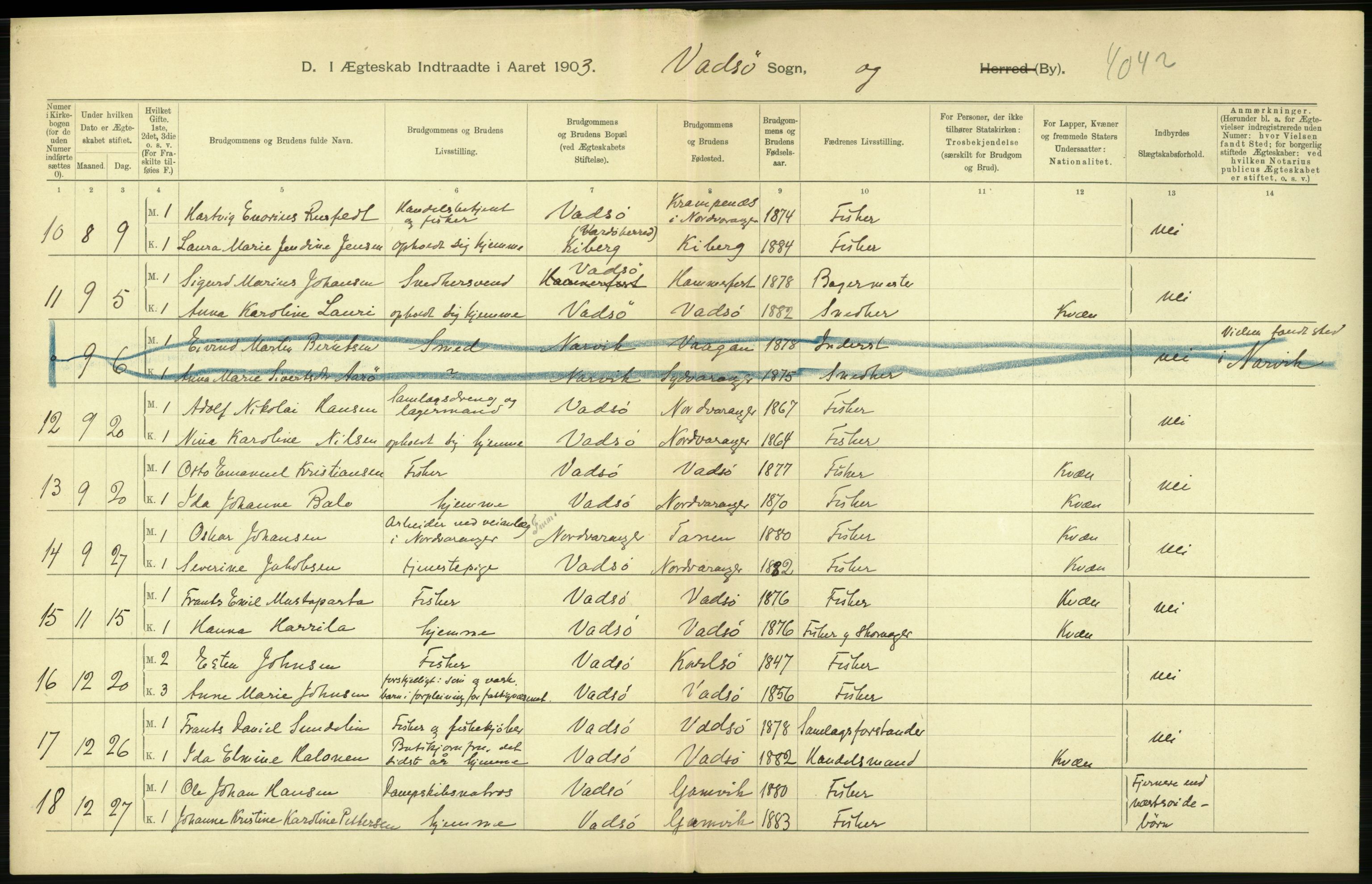 Statistisk sentralbyrå, Sosiodemografiske emner, Befolkning, AV/RA-S-2228/D/Df/Dfa/Dfaa/L0022: Finnmarkens amt: Fødte, gifte, døde., 1903, p. 200