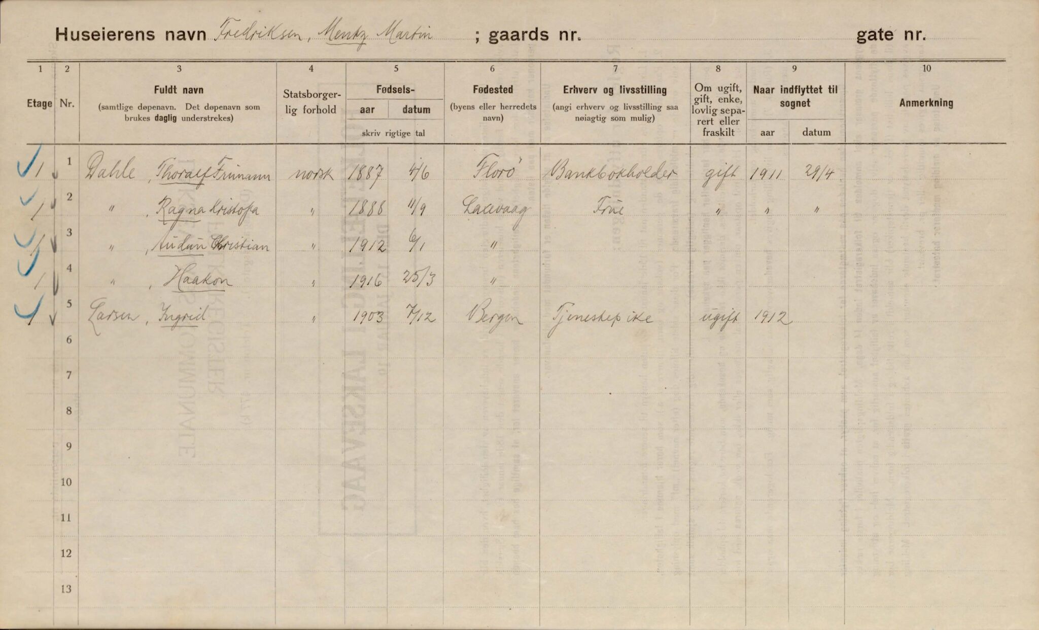 Laksevåg kommune. Folkeregisteret, BBA/A-1586/E/Ea/L0001: Folketellingskjema 1920, 1920, p. 1235