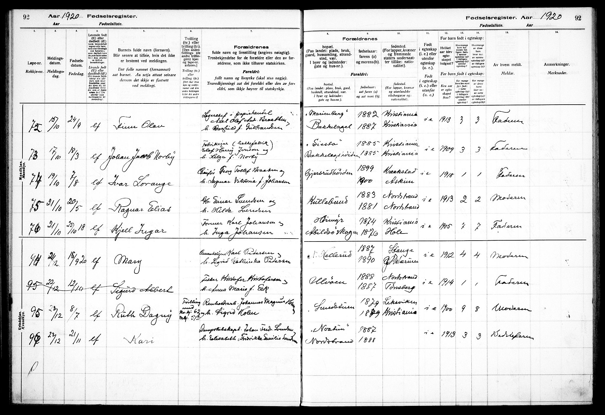 Nordstrand prestekontor Kirkebøker, AV/SAO-A-10362a/J/Ja/L0001: Birth register no. I 1, 1916-1924, p. 92