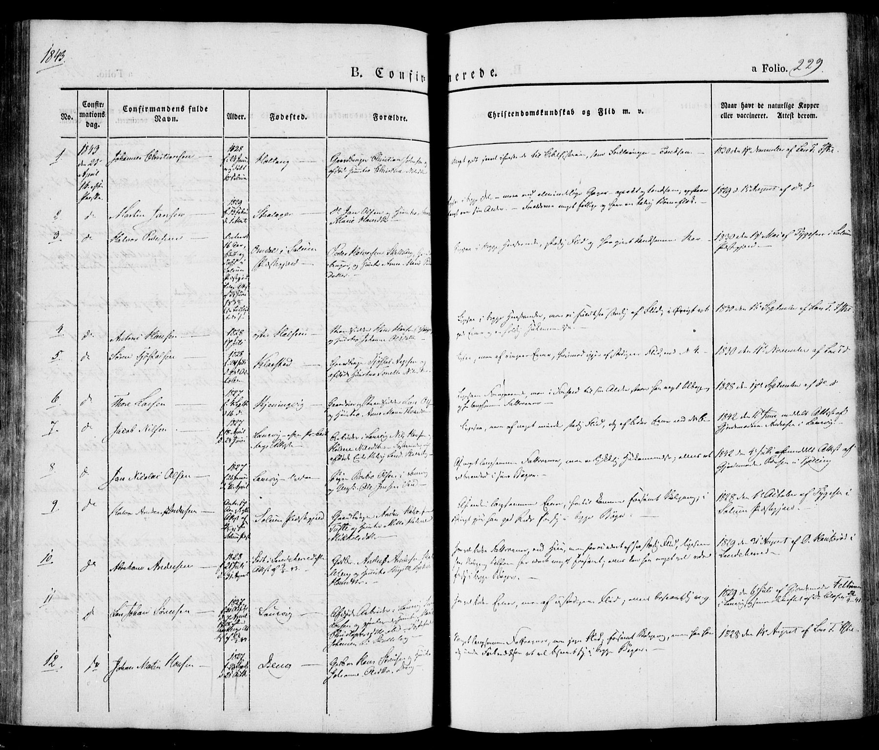 Tjølling kirkebøker, SAKO/A-60/F/Fa/L0006: Parish register (official) no. 6, 1835-1859, p. 229