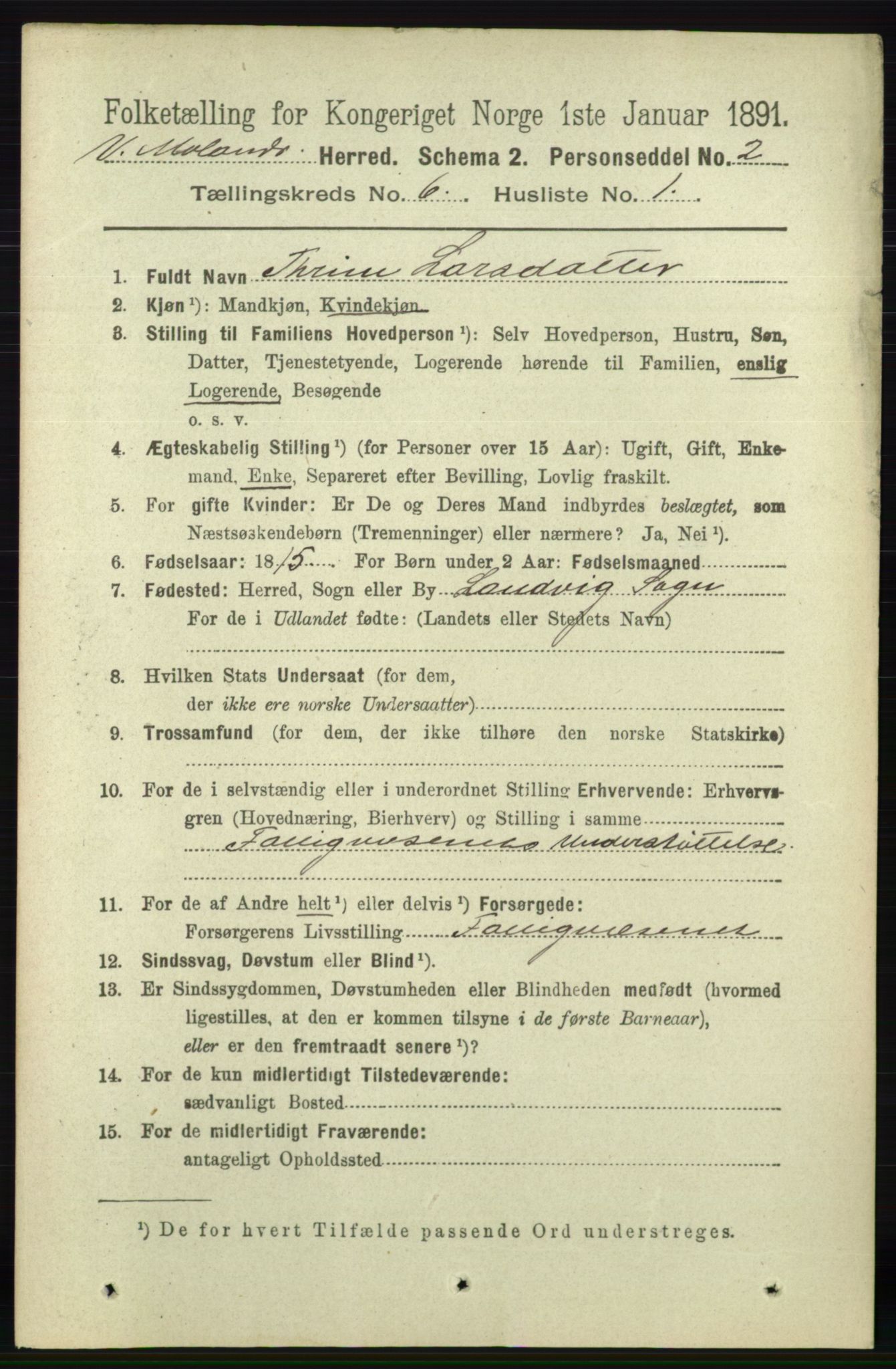 RA, 1891 census for 0926 Vestre Moland, 1891, p. 2352