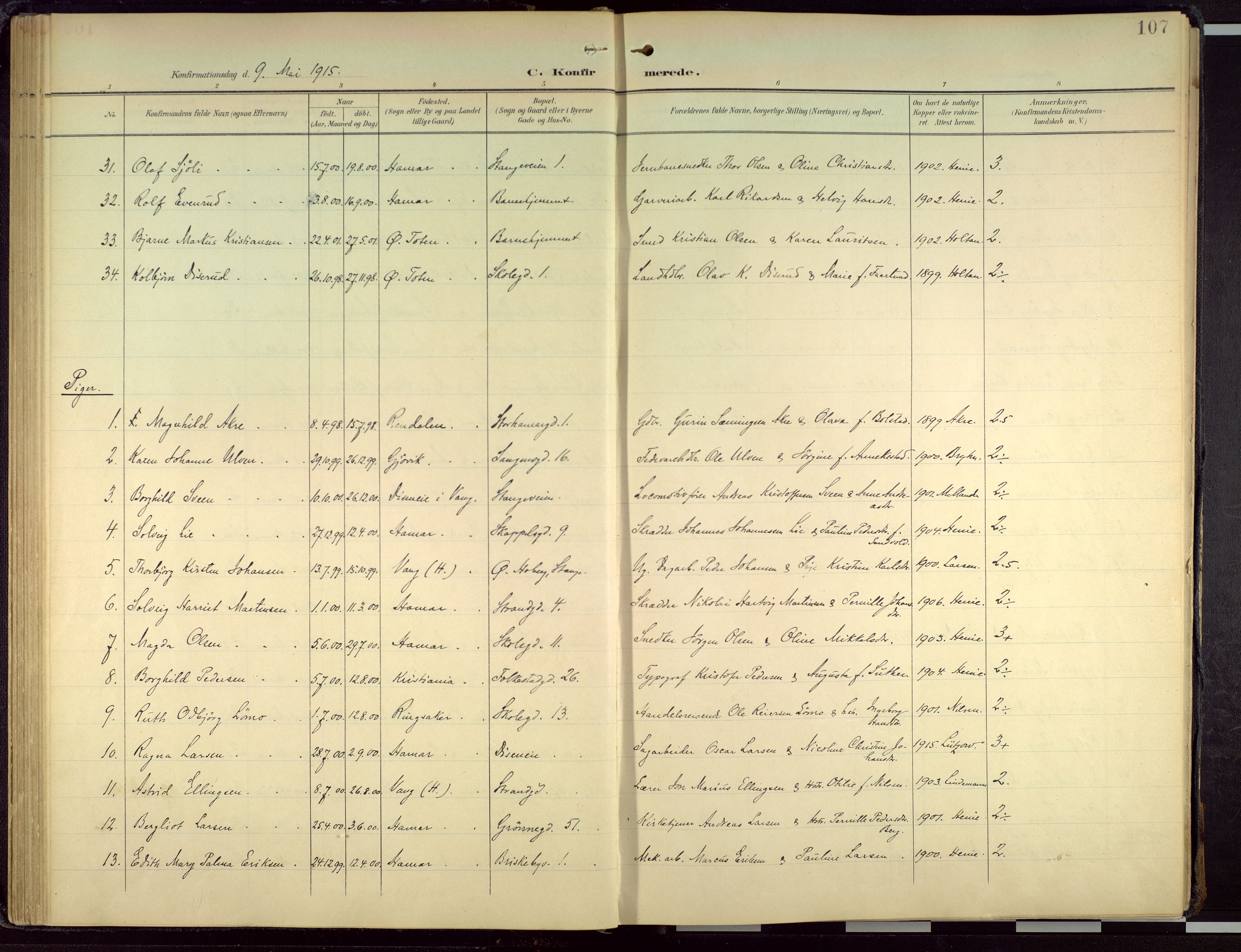 Hamar prestekontor, AV/SAH-DOMPH-002/H/Ha/Haa/L0004: Parish register (official) no. 4, 1899-1973, p. 107