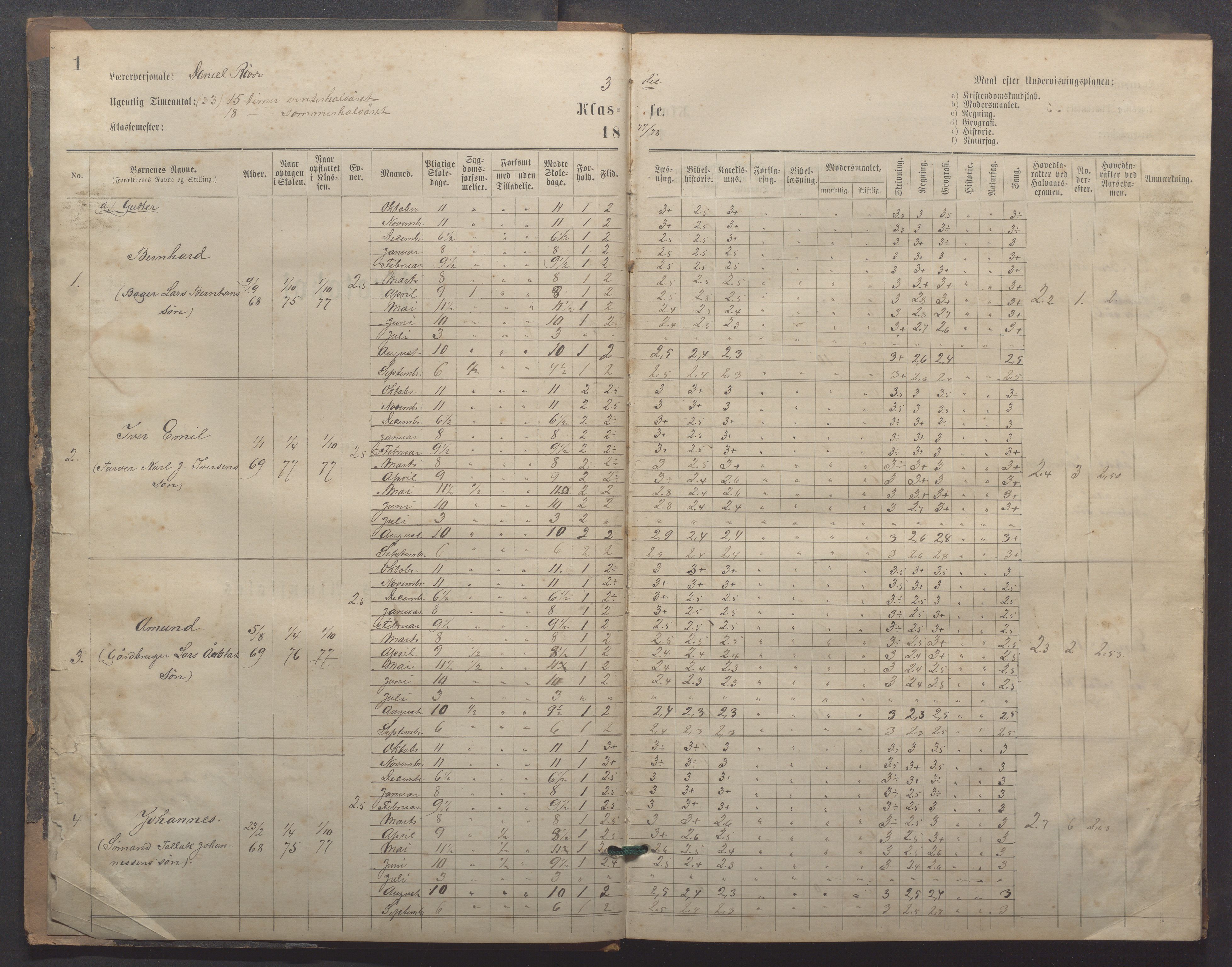 Egersund kommune (Ladested) - Egersund almueskole/folkeskole, IKAR/K-100521/H/L0020: Skoleprotokoll - Almueskolen, 3./4. klasse, 1878-1887, p. 1