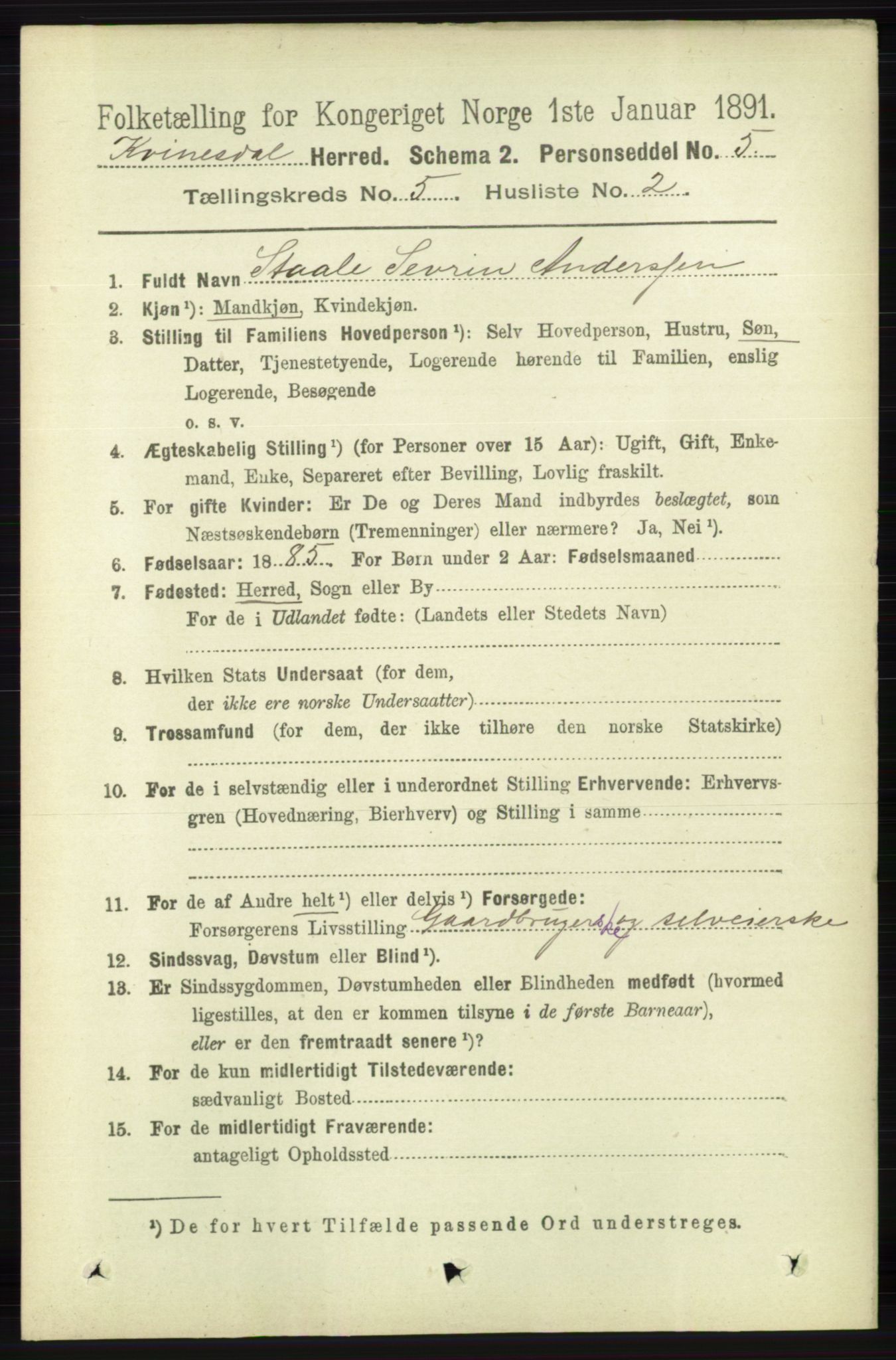 RA, 1891 census for 1037 Kvinesdal, 1891, p. 1707