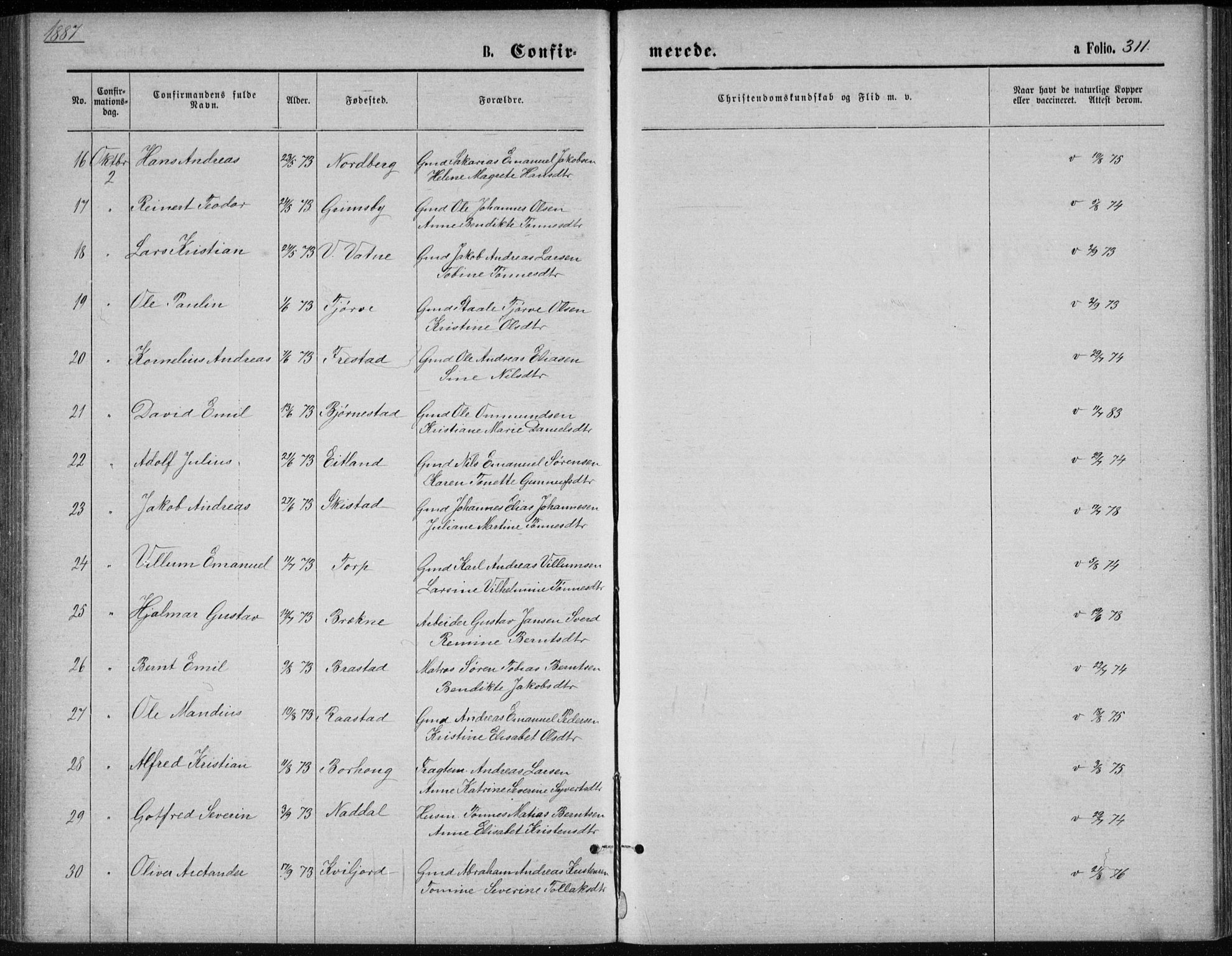 Lista sokneprestkontor, AV/SAK-1111-0027/F/Fb/L0004: Parish register (copy) no. B 4, 1877-1891, p. 311