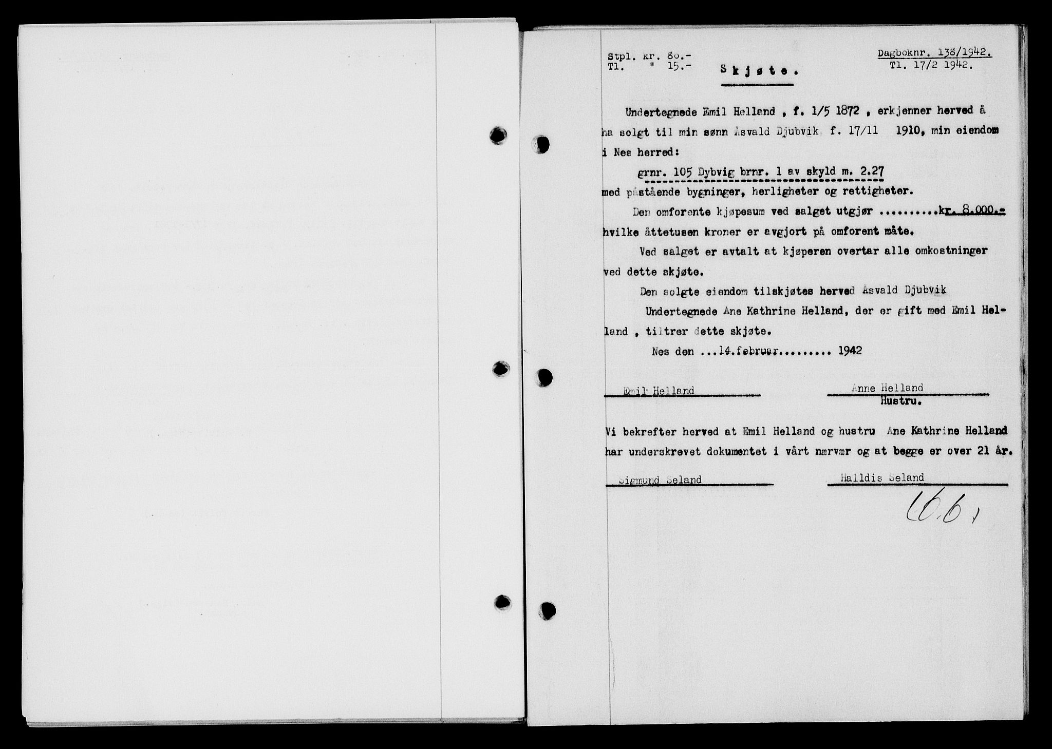 Flekkefjord sorenskriveri, SAK/1221-0001/G/Gb/Gba/L0057: Mortgage book no. A-5, 1941-1942, Diary no: : 138/1942