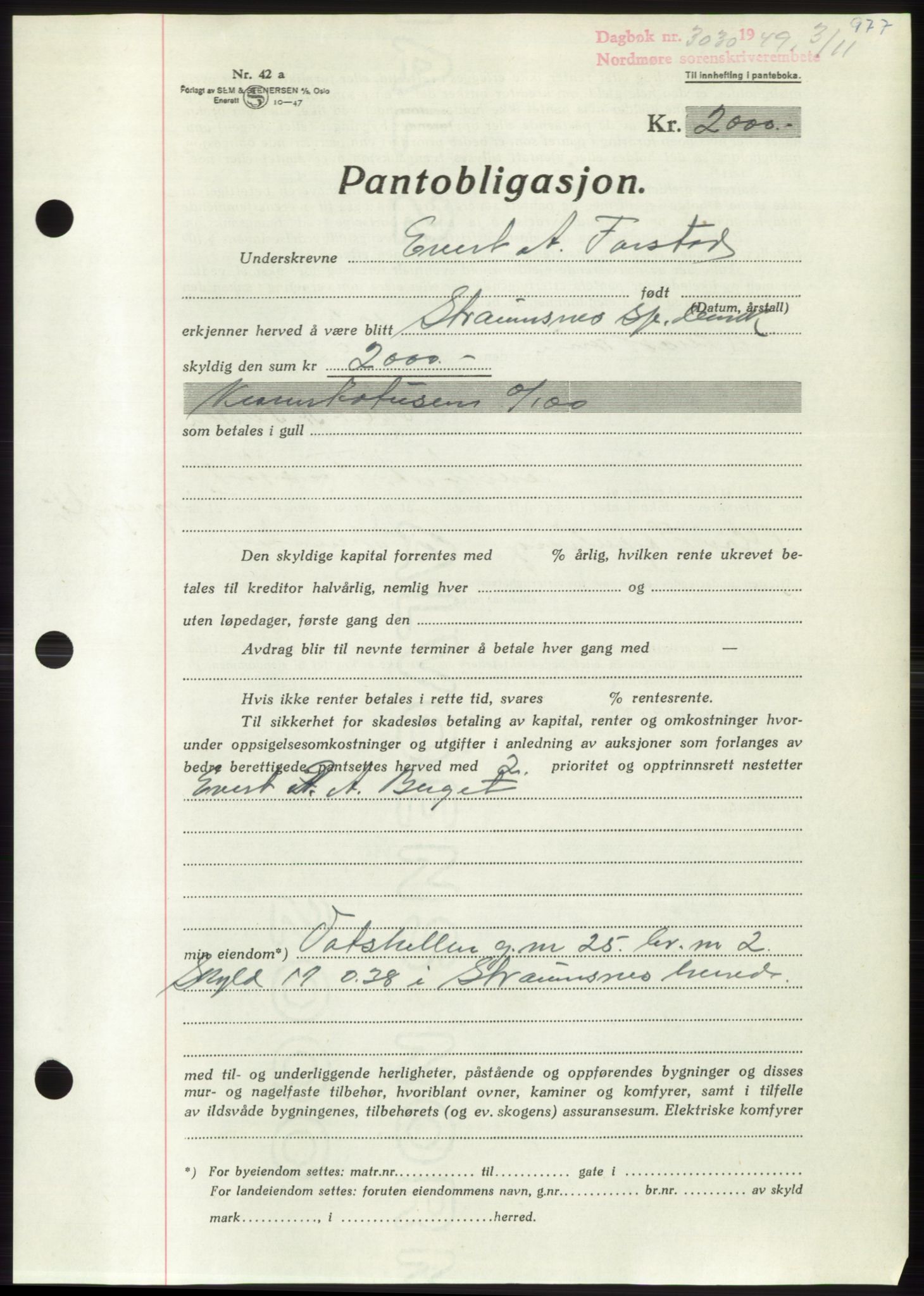 Nordmøre sorenskriveri, AV/SAT-A-4132/1/2/2Ca: Mortgage book no. B102, 1949-1949, Diary no: : 3030/1949