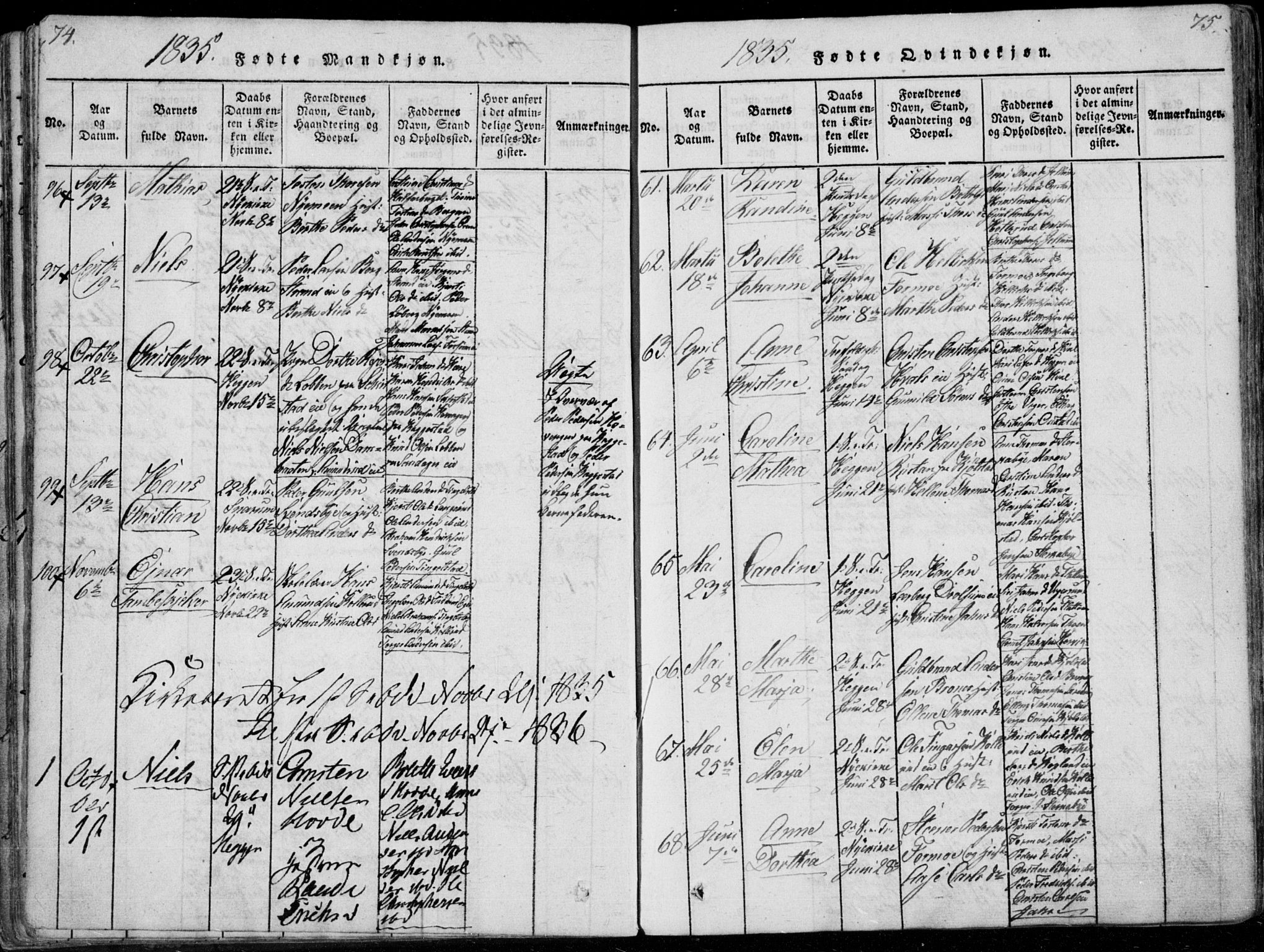 Modum kirkebøker, SAKO/A-234/F/Fa/L0006: Parish register (official) no. 6, 1832-1841, p. 74-75