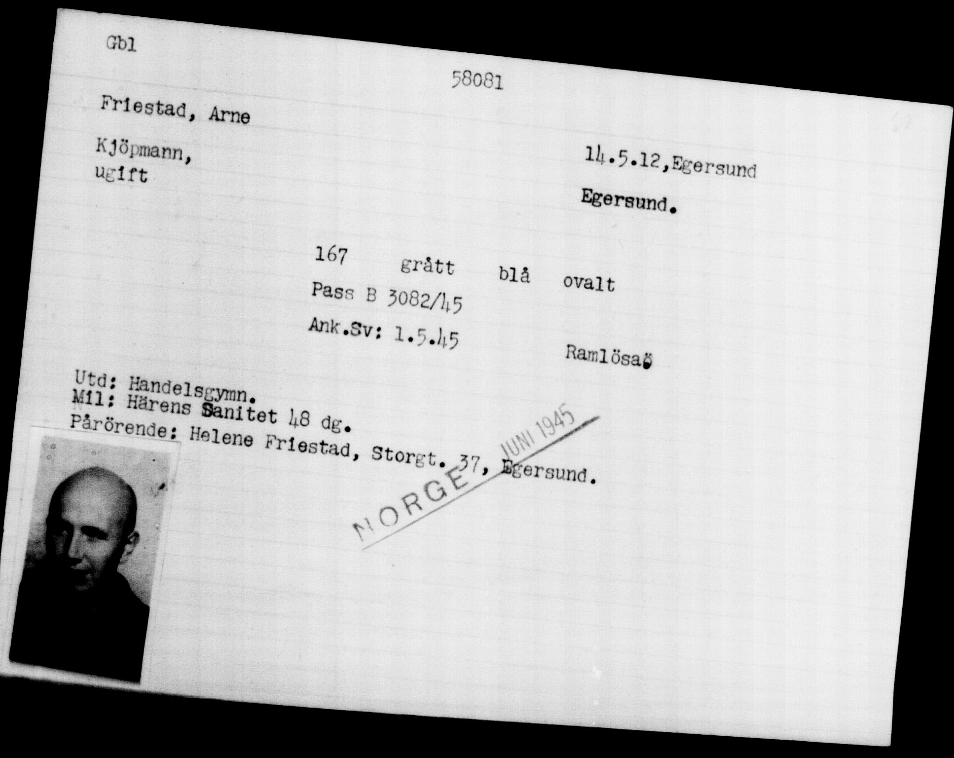 Utenriksstasjonene, Legasjonen i Stockholm, Flyktningkontoret, AV/RA-S-6753/V/Va/L0020: Kjesäterkartoteket, flyktninger med registreringsnr. 55000-58245, 1940-1945, p. 3076