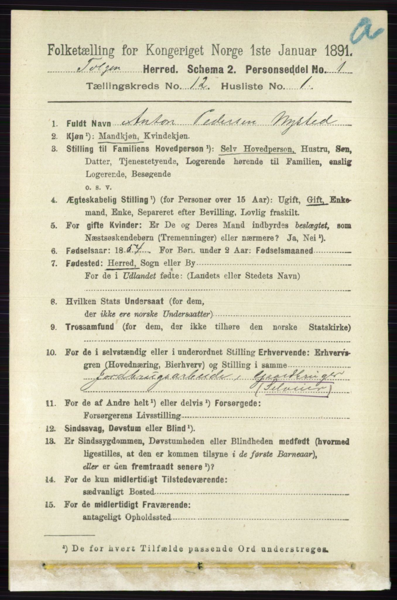 RA, 1891 census for 0436 Tolga, 1891, p. 3679