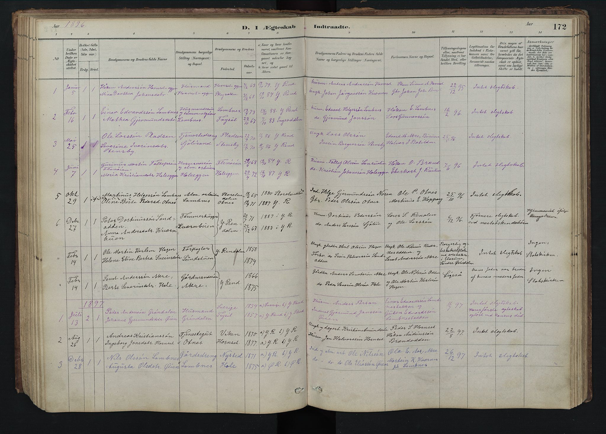 Rendalen prestekontor, SAH/PREST-054/H/Ha/Hab/L0009: Parish register (copy) no. 9, 1879-1902, p. 172