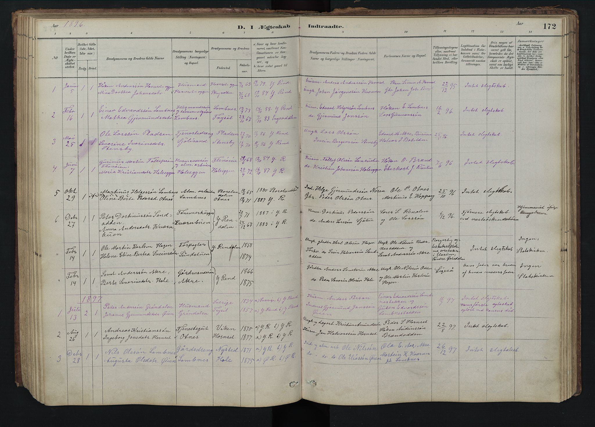 Rendalen prestekontor, AV/SAH-PREST-054/H/Ha/Hab/L0009: Parish register (copy) no. 9, 1879-1902, p. 172