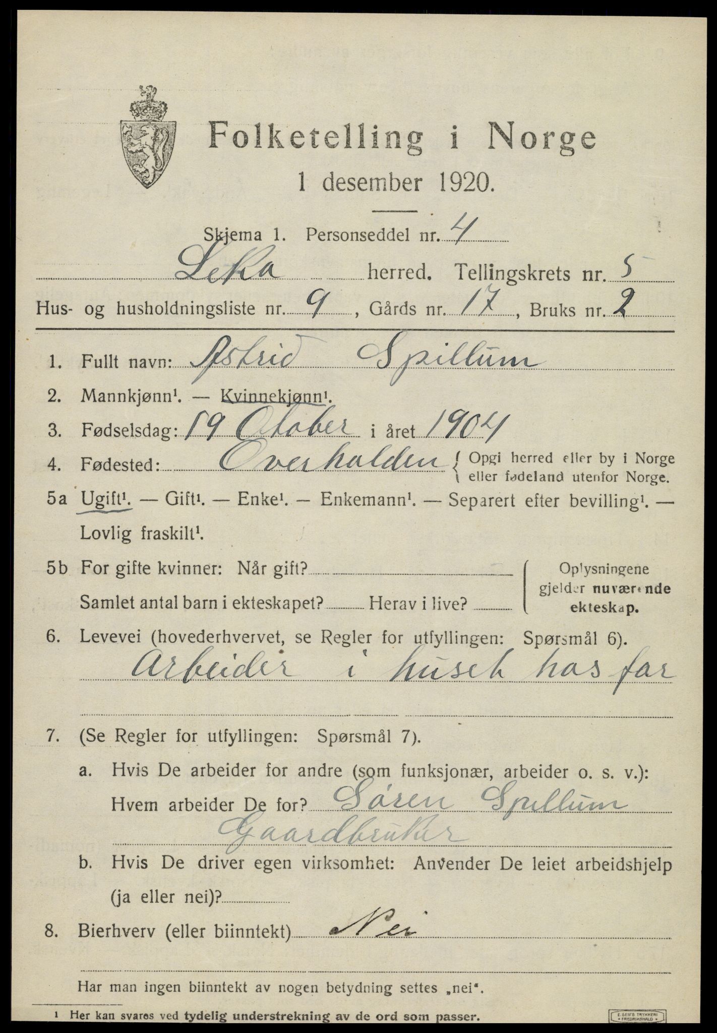 SAT, 1920 census for Leka, 1920, p. 2195