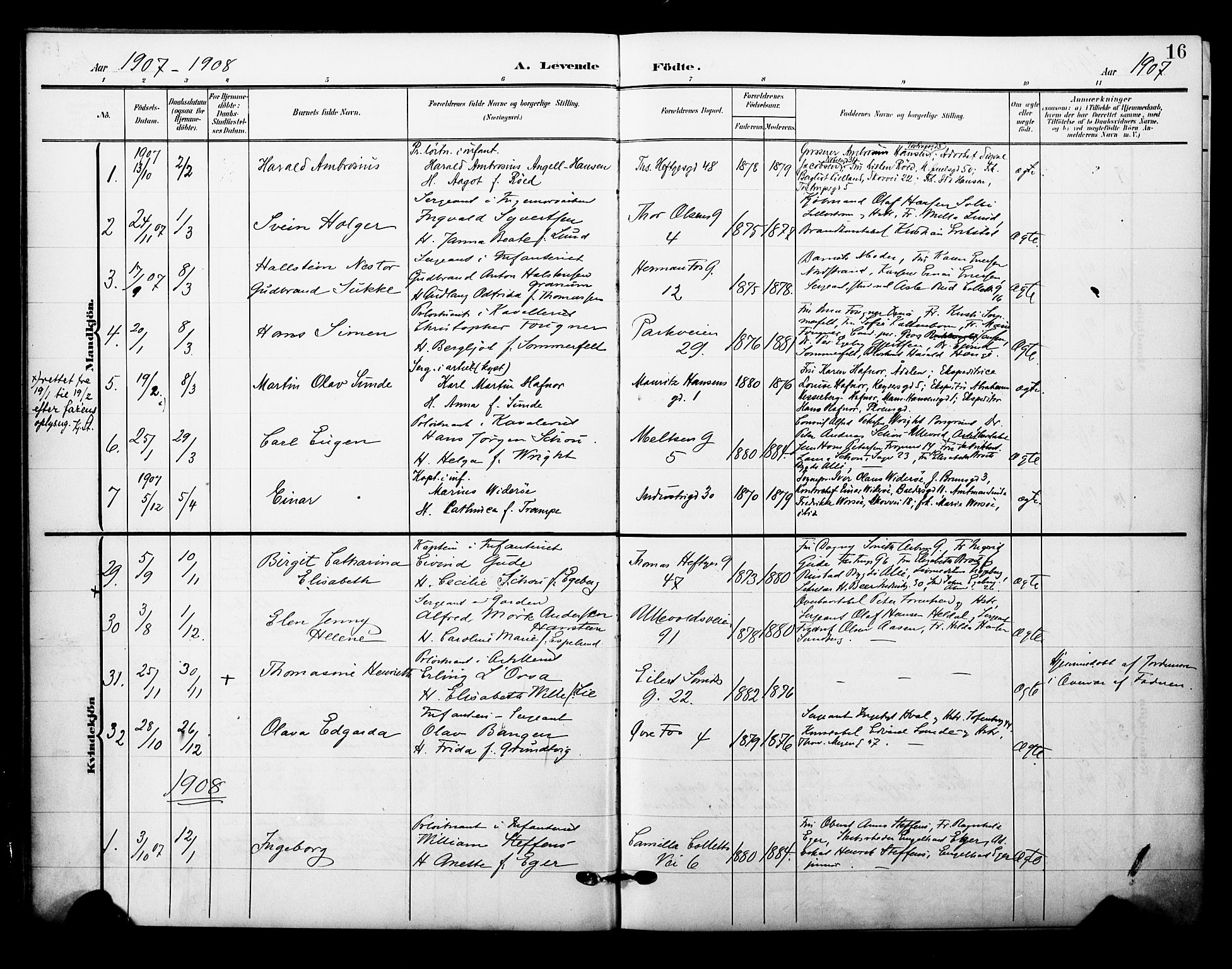 Garnisonsmenigheten Kirkebøker, SAO/A-10846/F/Fa/L0014: Parish register (official) no. 14, 1905-1914, p. 16