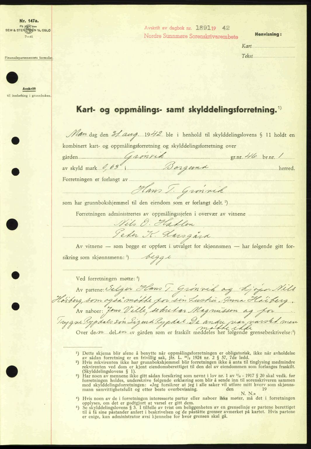 Nordre Sunnmøre sorenskriveri, AV/SAT-A-0006/1/2/2C/2Ca: Mortgage book no. A15, 1942-1943, Diary no: : 1891/1942