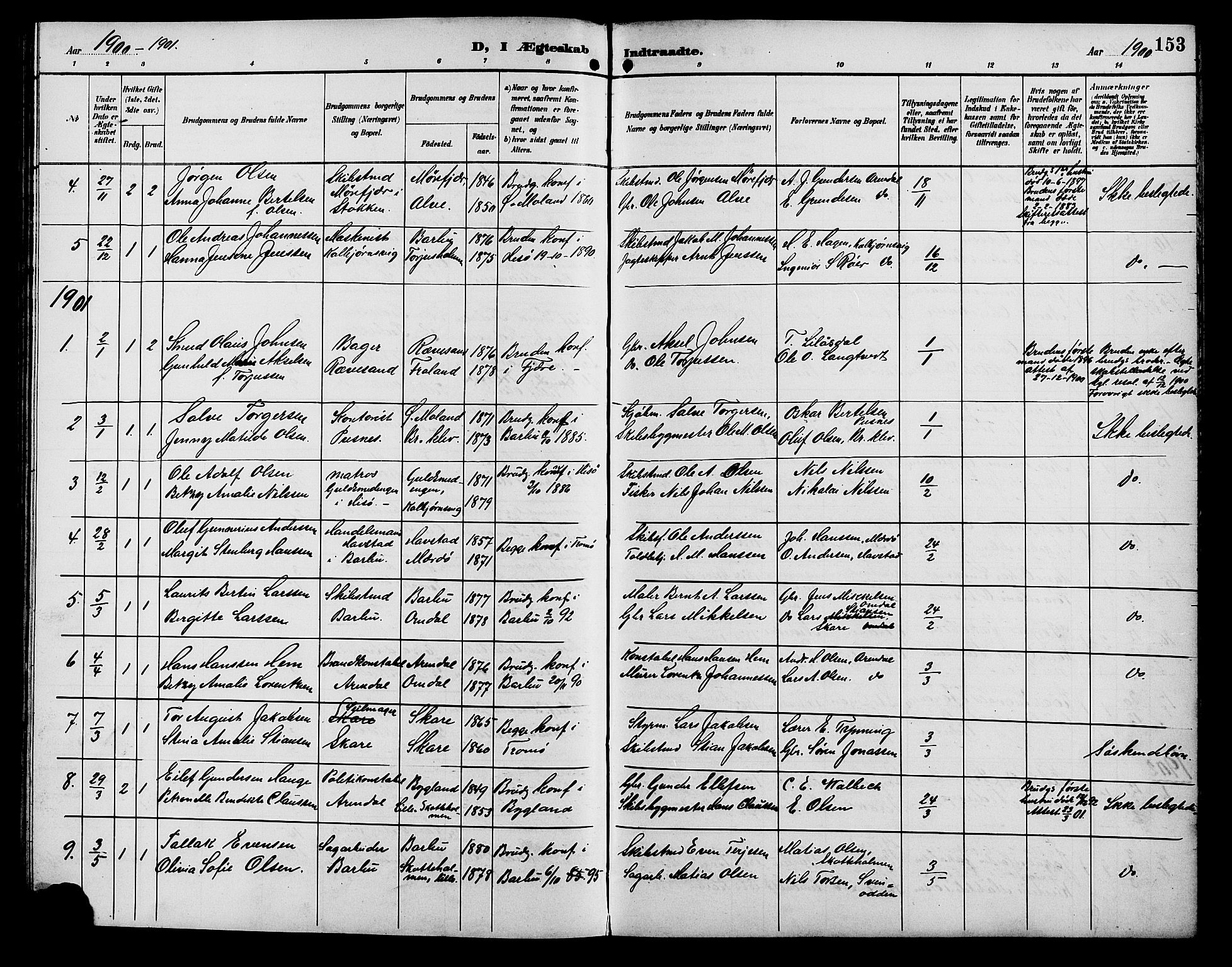 Tromøy sokneprestkontor, AV/SAK-1111-0041/F/Fb/L0006: Parish register (copy) no. B 6, 1892-1907, p. 153